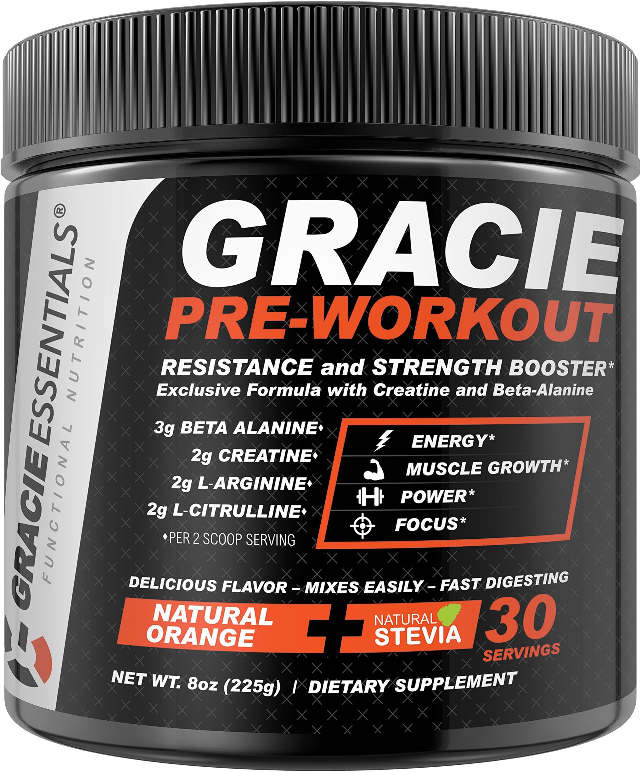 Gracie Essentials Pre Workout Powder Dietary Supplement 30 Servings for Men & Women with Natural Orange Flavor | Improve Energy & Efficiency, Promote Muscle Growth, Increase Power & Mental Clarity