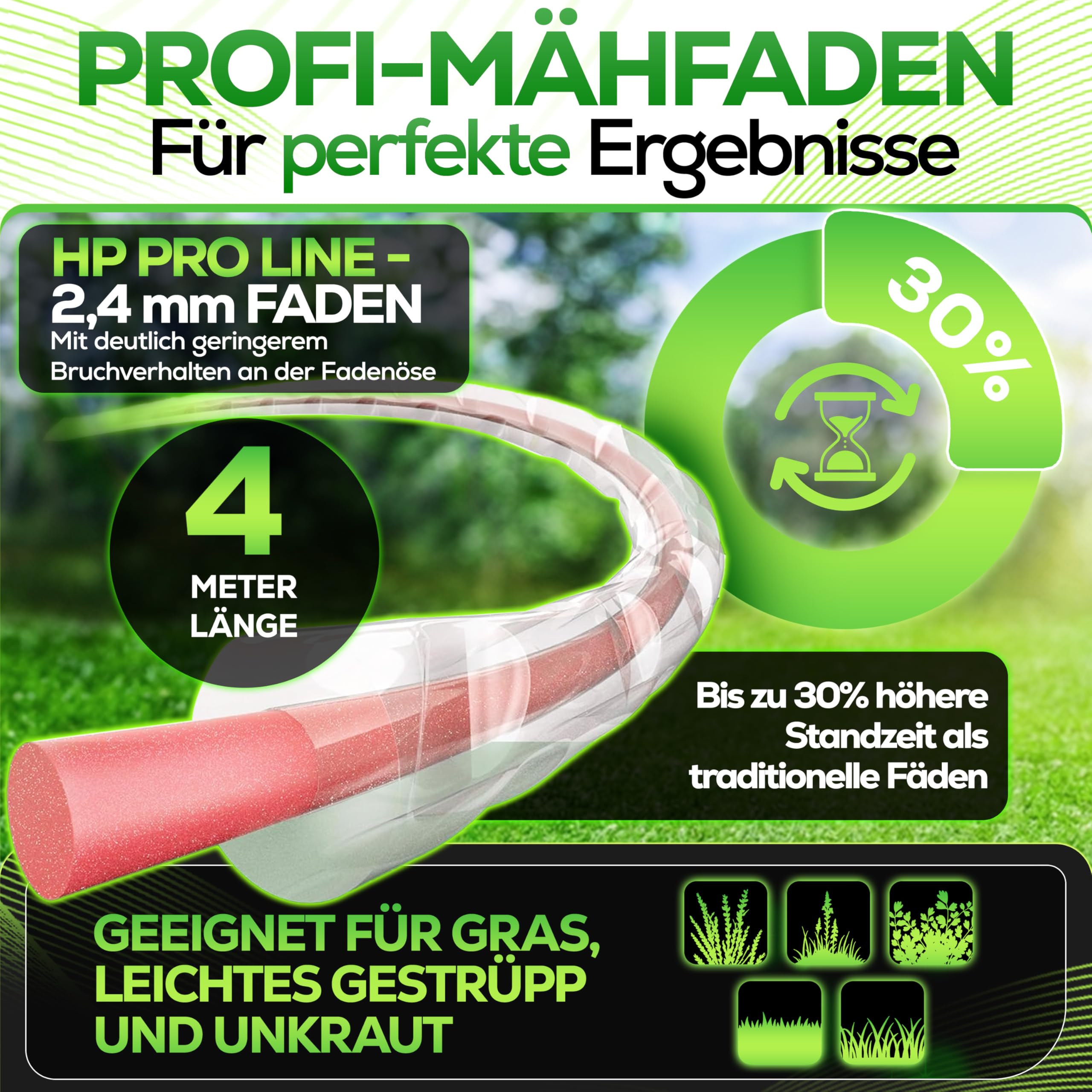 Heckenpracht® Fadenkopf für Motorsense LINKSGEWINDE mit Tap & Go System | Effizientes Rasenmähen mit Mähkopf für Freischneider mit Schnellladefunktion - Fadenspule inkl. 5 Adapter