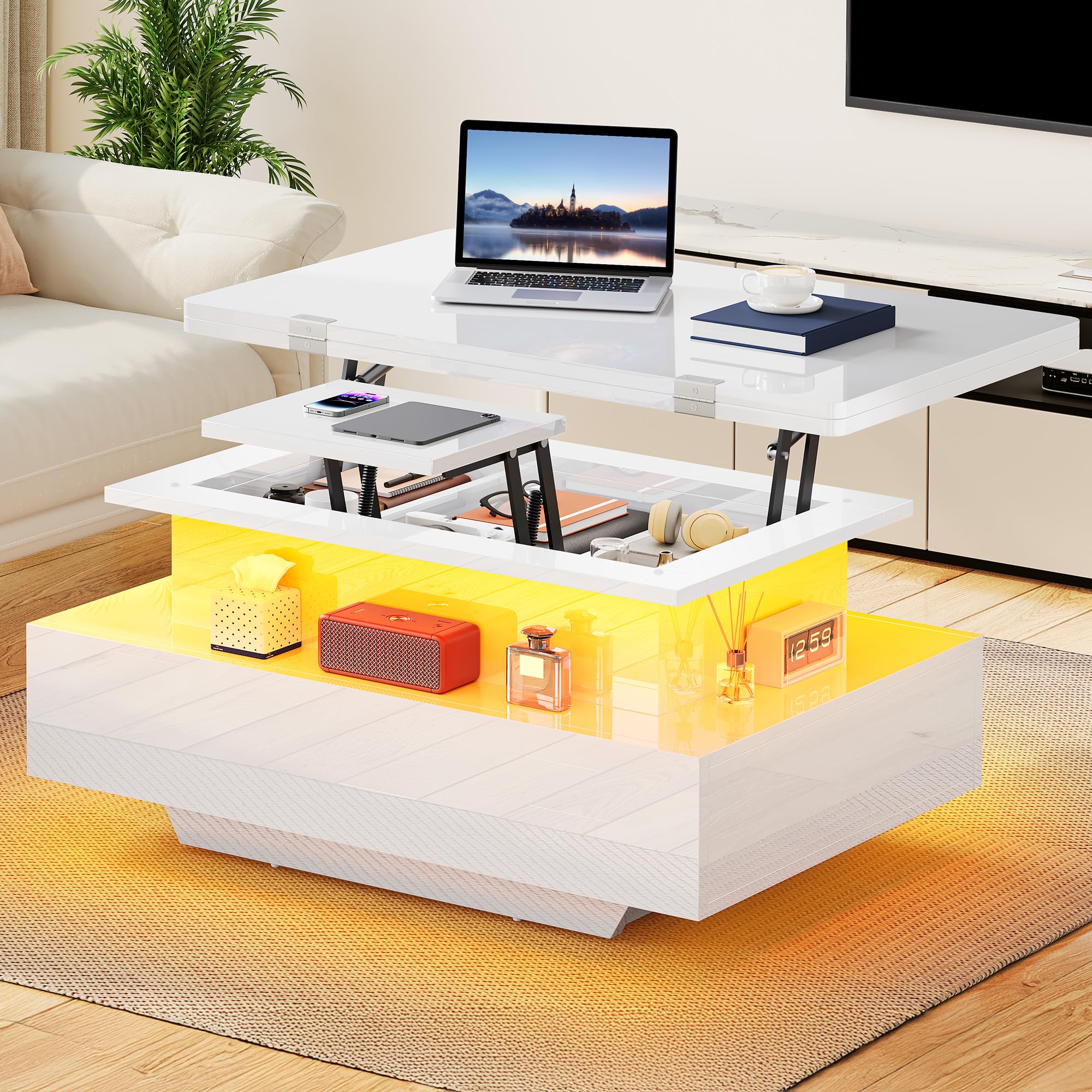 YITAHOME Tavolino Salotto Sollevabile Moderno con LED, 4 in 1 Tavolo Trasformabile in Tavolino con due Cassetti, Tavolo Soggiorno Allungabile Adatto per Soggiorno e Feste a Tavolo da Pranzo