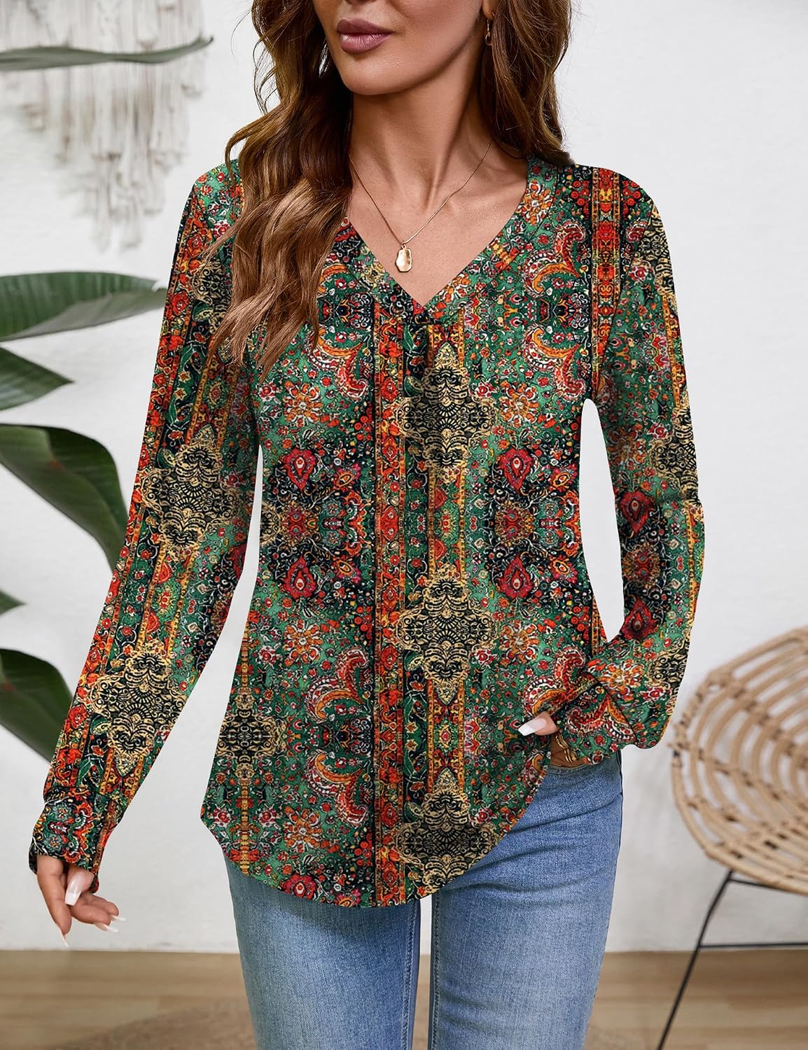 LUYYA Women's Long Sleeve Pleated V Neck Blouse Business Casual Tunic Top Loose Fit Work Shirt image 3