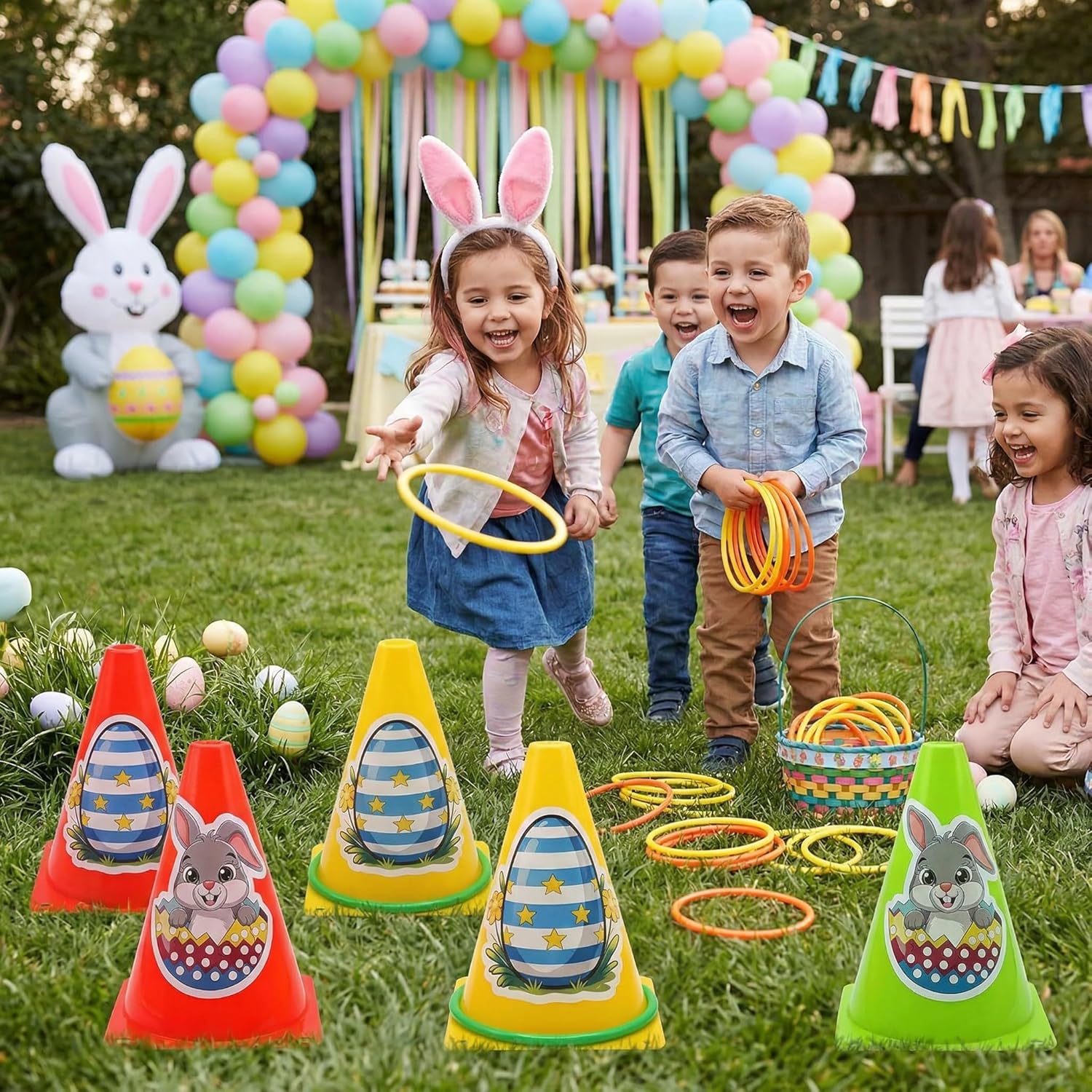 4-in-1 Plastic Carnival Party Games Set,Includes Ring Toss Games, Bean Bag Toss Games, Cones & 3-Legged Race Games, Sports & Outdoor Game Toys for Backyard, Birthday & Family Party