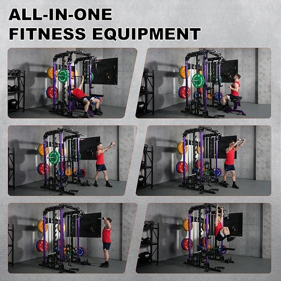 Smith Machine, 2600LBS Squat Rack, 7-in-1 Home Gym Cage with Adjustable Safety Bars, Pull-Up & LAT Pulldown