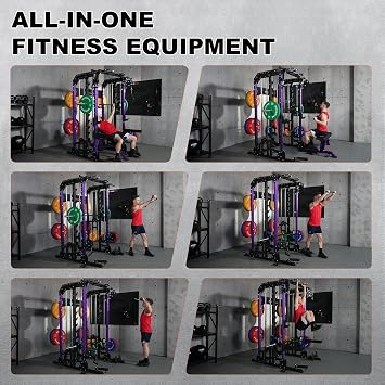 Smith Machine, 2600LBS Squat Rack, 7-in-1 Home Gym Cage with Adjustable Safety Bars, Pull-Up & LAT Pulldown