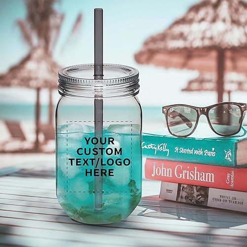 Miniatura 7 de DISCOUNT PROMOS Juego de 50 tarros de plástico personalizados con pajilla, 24 onzas, paquete a granel personalizado  Tarros para avena durante la