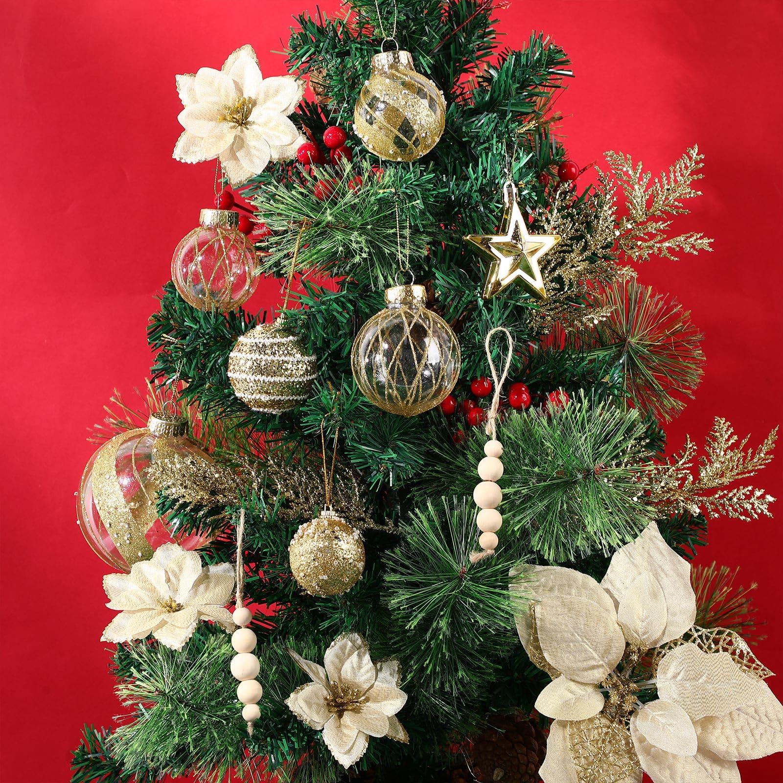 Jenaai Set di 89 ornamenti dorati per albero di Natale, stile bohémien, decorazioni natalizie, include palline per albero di Natale, stelle di Natale glitterate, perline di legno, nastro, aghi di
