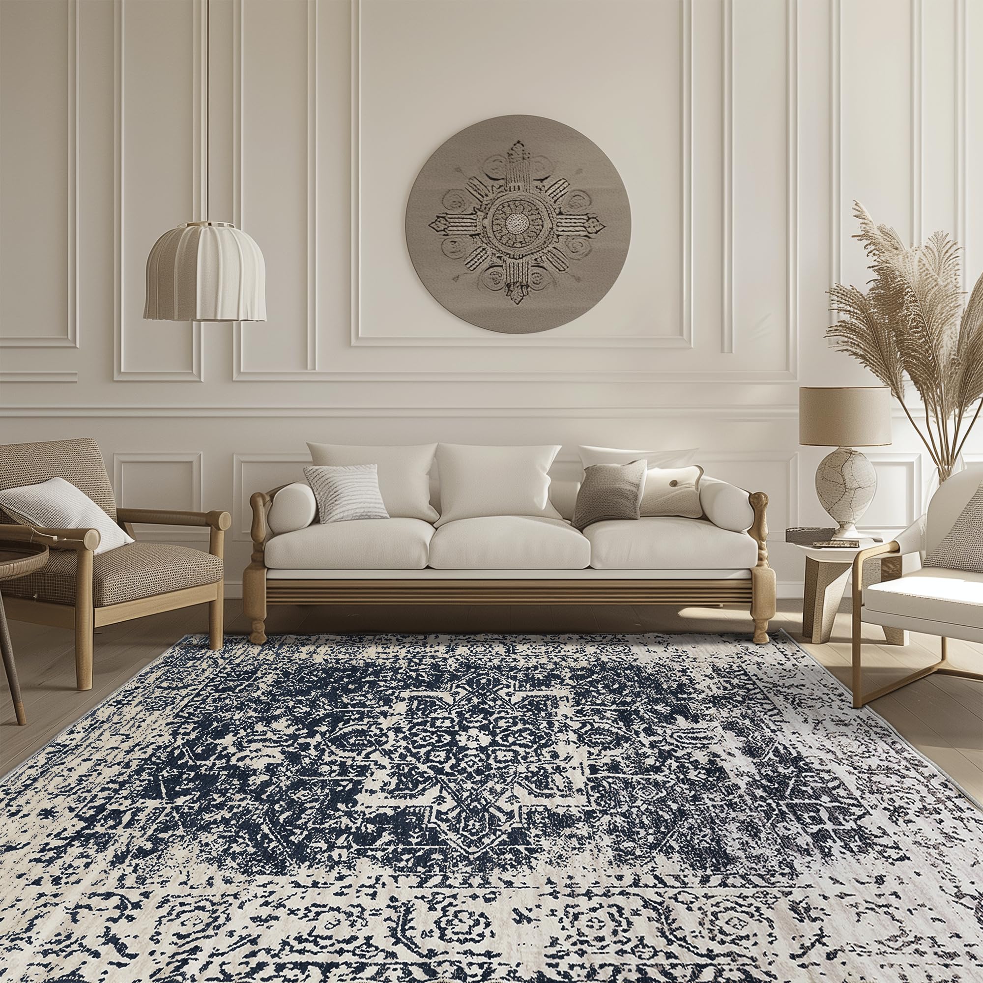 PONY DANCE Alfombra Habitacion Vintage Alfombra Antideslizante y Lavable de Cachemira Artificial de Pelo Corto Grande para Salon Dormitorio Rectangular,200x300cm,Azul Oscuro