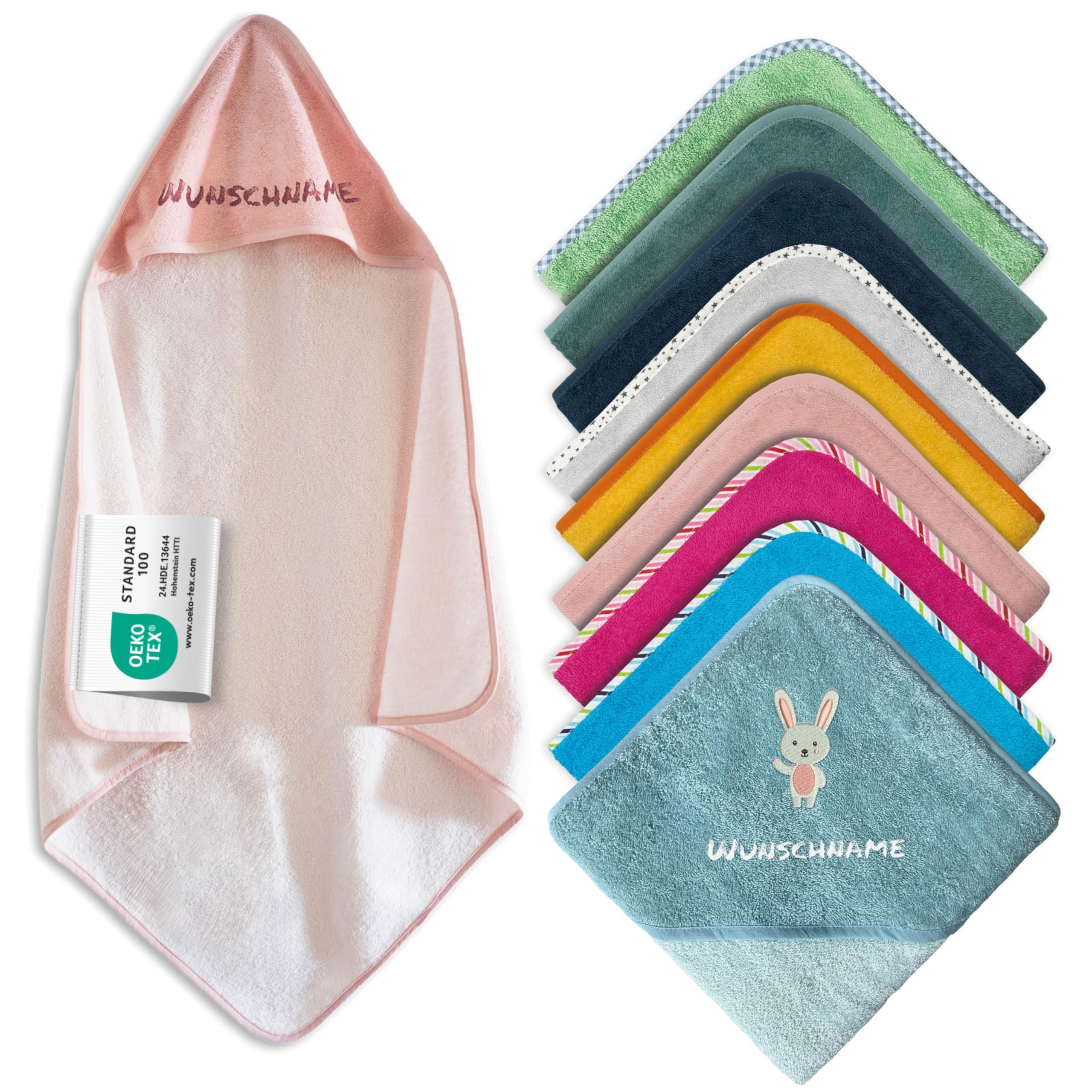Kapuzenhandtuch Baby mit Namen Bestickt, Oeko-TEX® Standard 100 - Personalisiertes Babyhandtuch mit Kapuze aus Reiner Baumwolle mit gesticktem Namen und Motiv (Rosa, 100 x 100 cm)