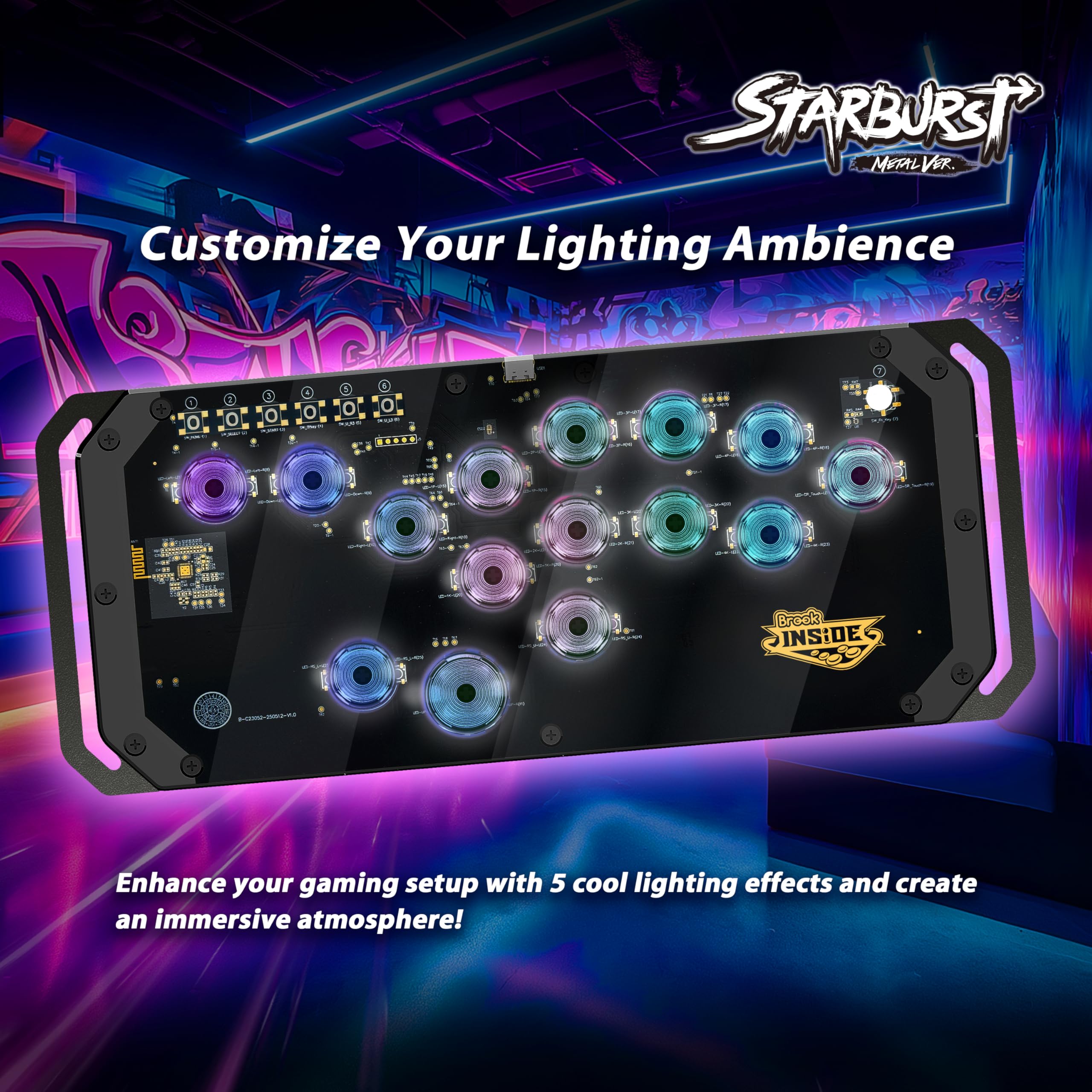 Brook Fighter Starburst Metal Ver. All-Button Arcade Controller for PS5, PS4, Xbox Series X|S, NS, NS2 & PC, Metal Side Handles, Hot-Swappable Switches, RGB Lighting, Officially Licensed (Noir)