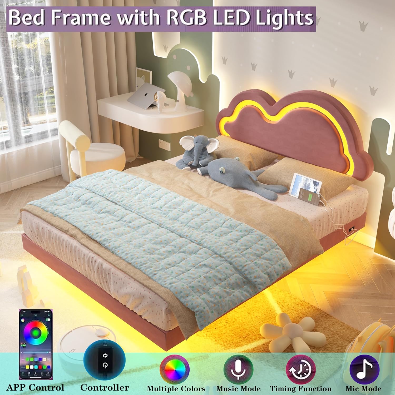 Full Size Bed Frame with Cloud Headboard,Floating Full Bed Frame with Charging Station&LED Lights,Velvet Upholstered Platform Bed Frame for Kids/Girls,Wood slat support,No Box Spring Needed,Pink | Cloud Headboard, Charging Station, LED, Floating Bed Frame, Velvet Upholstered