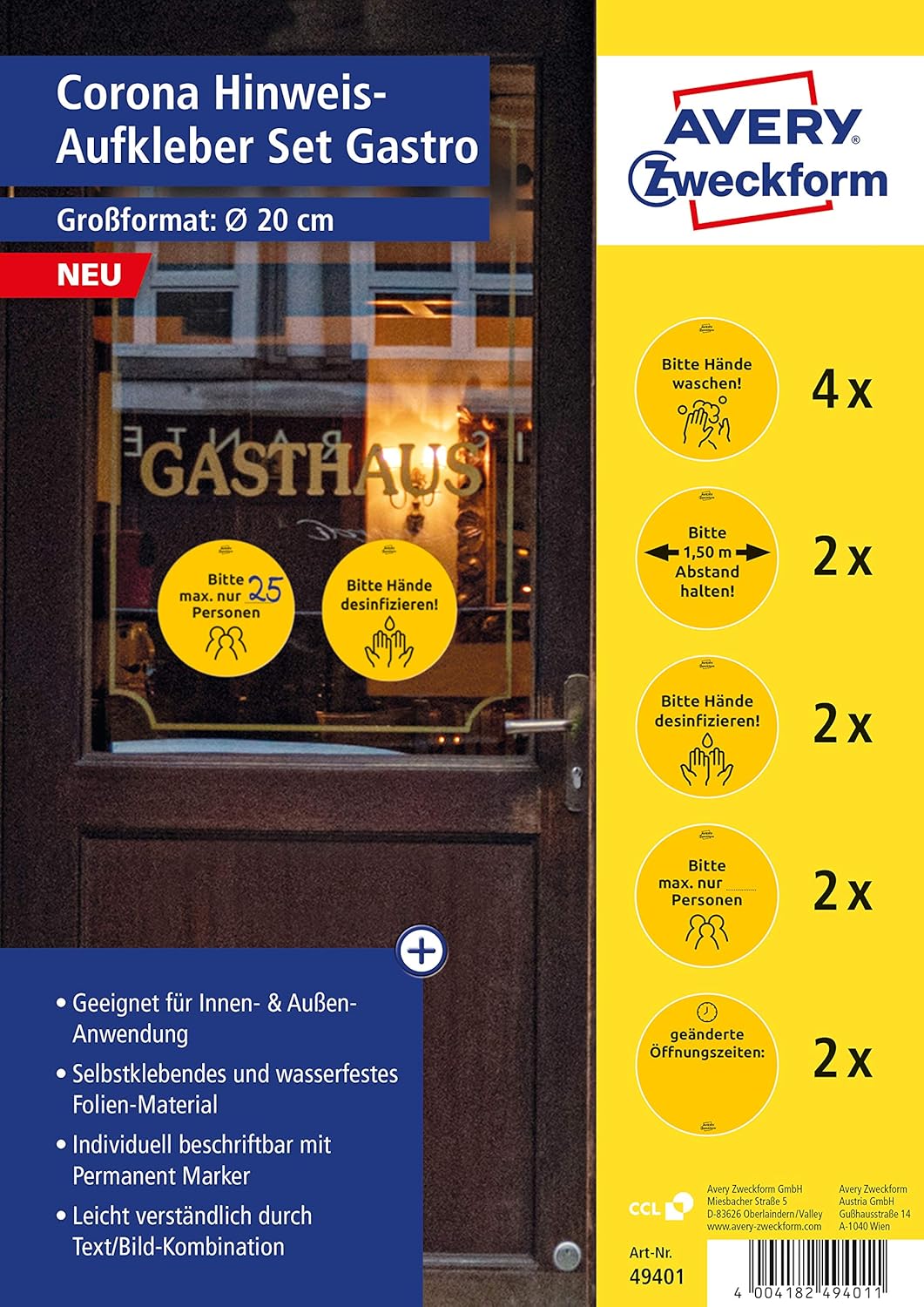 AVERY Zweckform 49401 Catering Sticker (Diameter 20 cm, 12 Warning Signs, Wash Hands, Keep Distance, Wear Mouth Guard, Disinfect Hands, Maximum Number of People, Opening Hours)