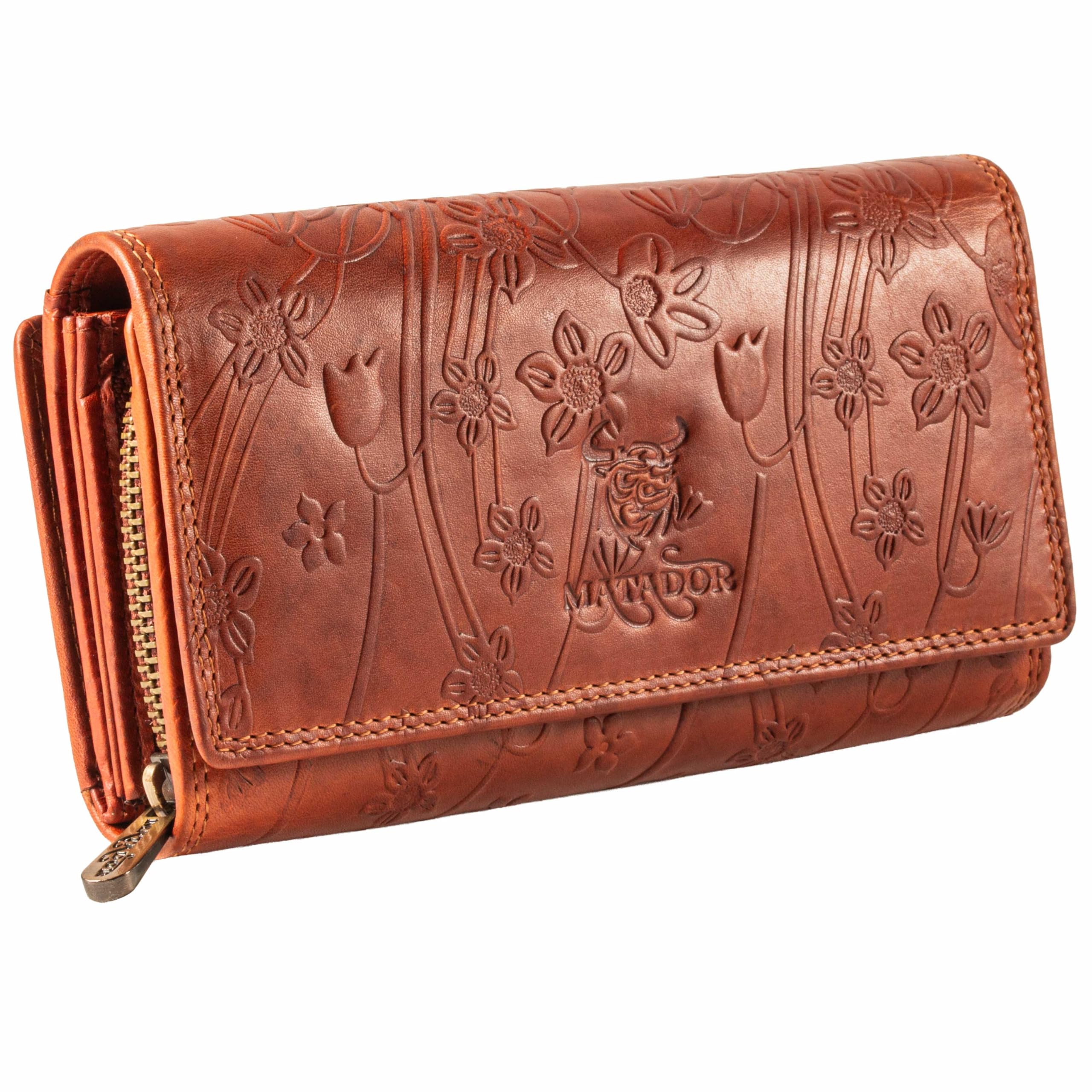 MATADOR Damska portmonetka z prawdziwej skóry, ochrona RFID, rozmiar XXL, wiele przegródek na karty, Brązowy nadruk, 18x 10 x 4.5 cm