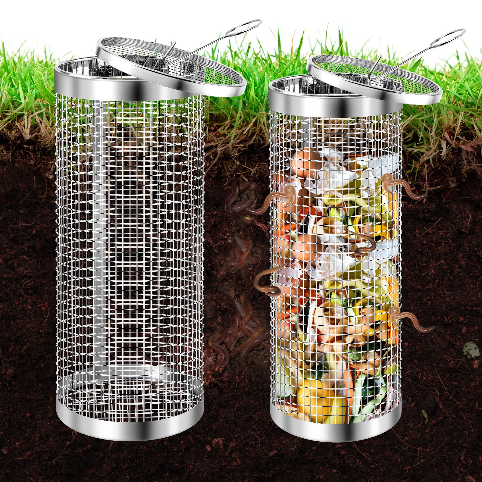 UNIFAMILY Kompostbehälter für den Außenbereich, unterirdischer Wurmkompostbehälter-Set für Hochbeete, 2 Stück kleine Metall-Farm-Kompostbehälter für den Garten, Lebensmittelabfall-reduzierende