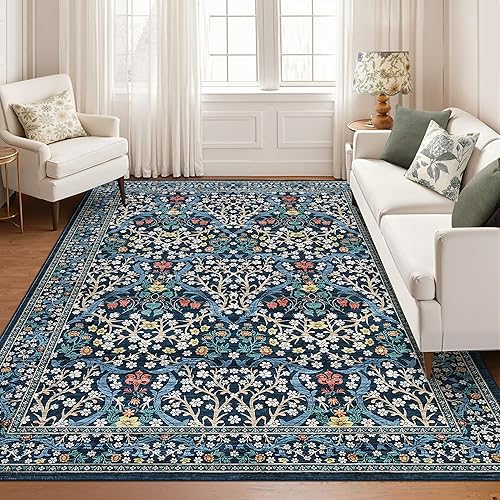 GarveeHome Washable Rug for Living Room, 9x12 Large Area Rug for Dining Room Under Table, Bedroom, Floral Soft Low Pile Non Slip Stain Resistant Carpet for Nursery, Playroom, Office, Dark Blue