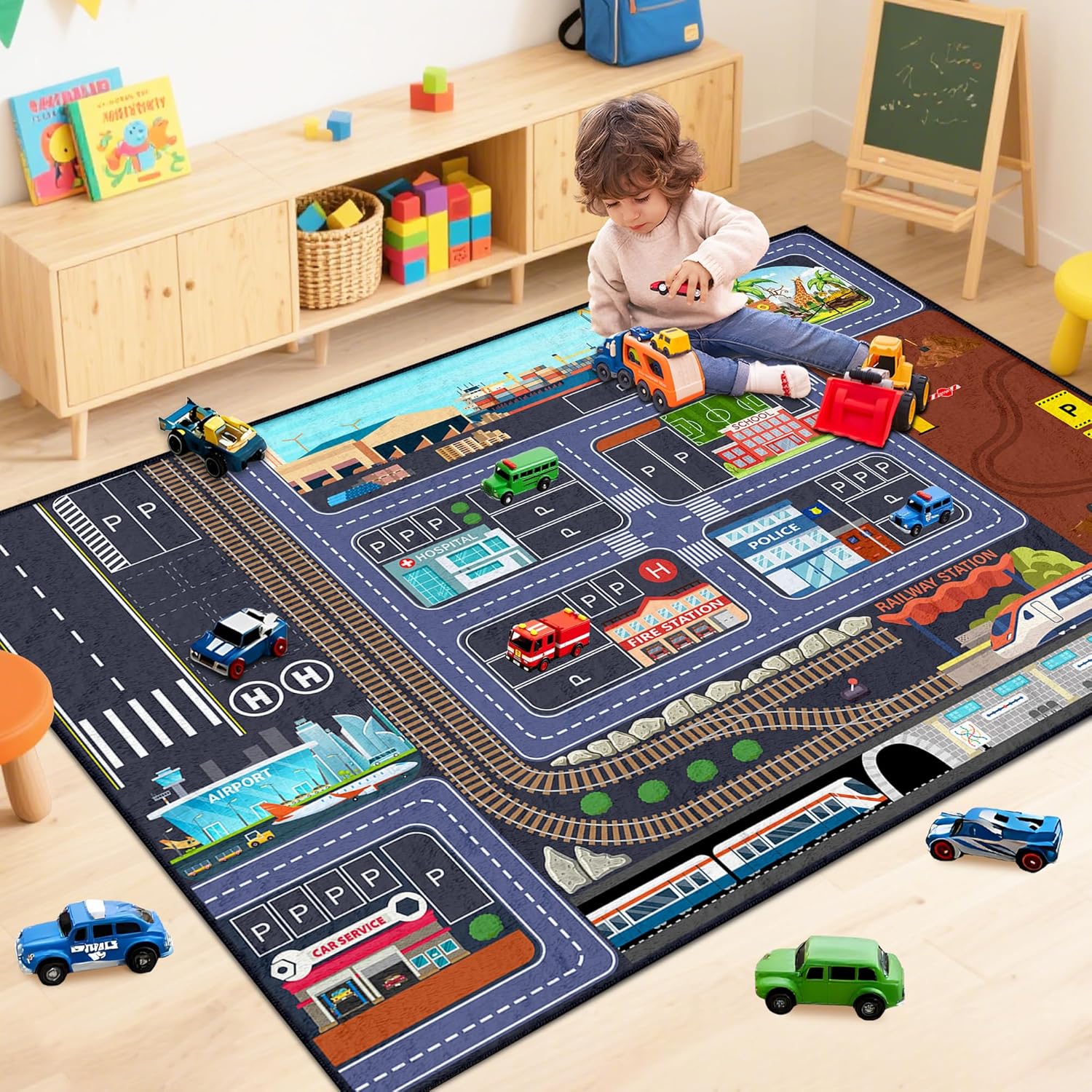 Car Road Kids Rug Carpet Playmat 5x7 - Car Rugs for Kids Boys, Boys Educational City Traffic Build Play Mat, Washable Non-Slip City Traffic Road Kid Rug for Playroom Bedroom Classroom Nursery