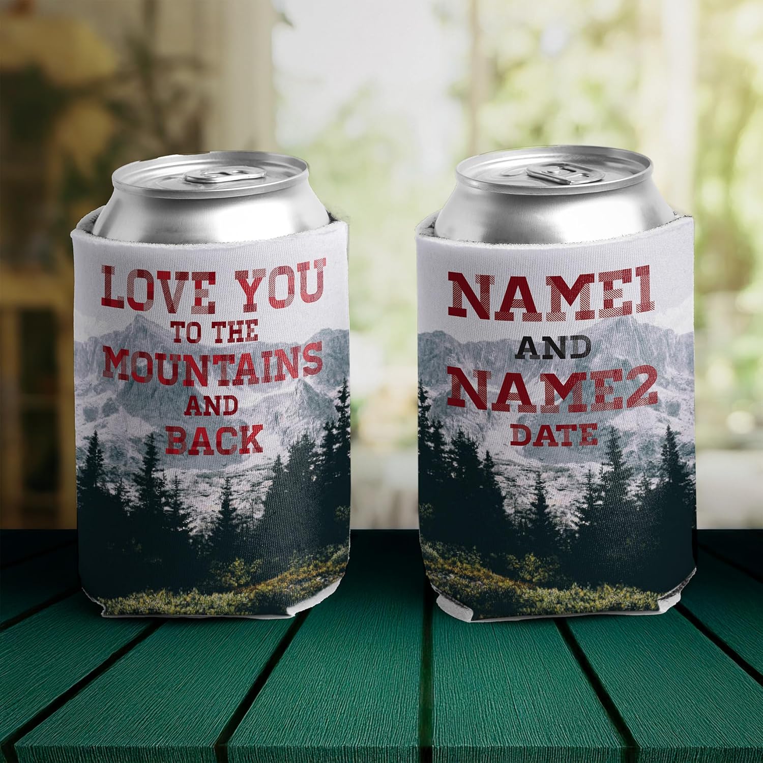 Custom Wedding Can Coolers – “Love You to the Mountains and Back” – Personalized with Names & Date – Set of 100 – Mountain Wedding Favors for 12-16 oz Cans and Bottles