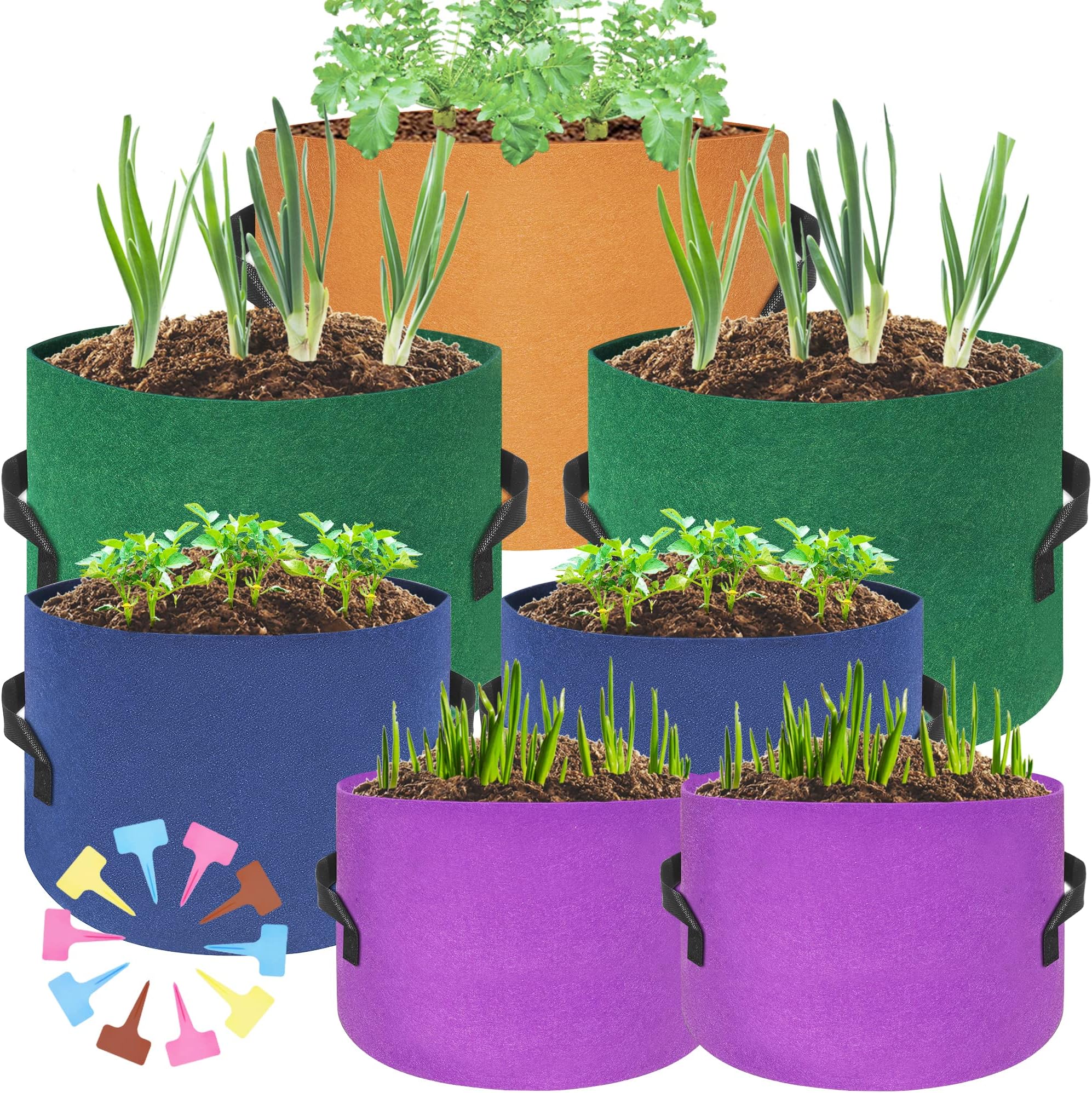 HAOWIN 400G Thickest 7-Pack Colorful Plant Grow Bags, Fabric Pots 10 Gallon 7 Gallon 5 Gallon 3 Gallon Variety Size Pack, Plant Labels Included Potato Growing Bags