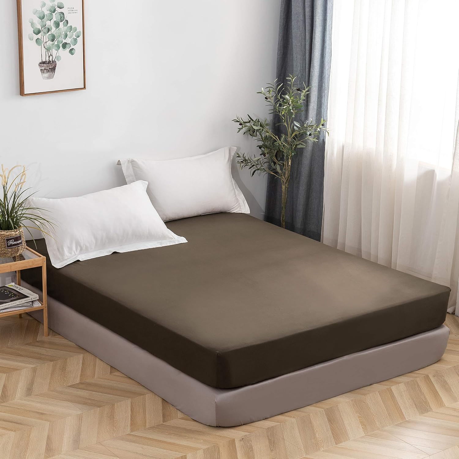 Fitted Bottom Sheet Only Premium 1814 Ultra-Soft Fade Resistant Brushed Microfiber Deep Pocket Queen Coffee
