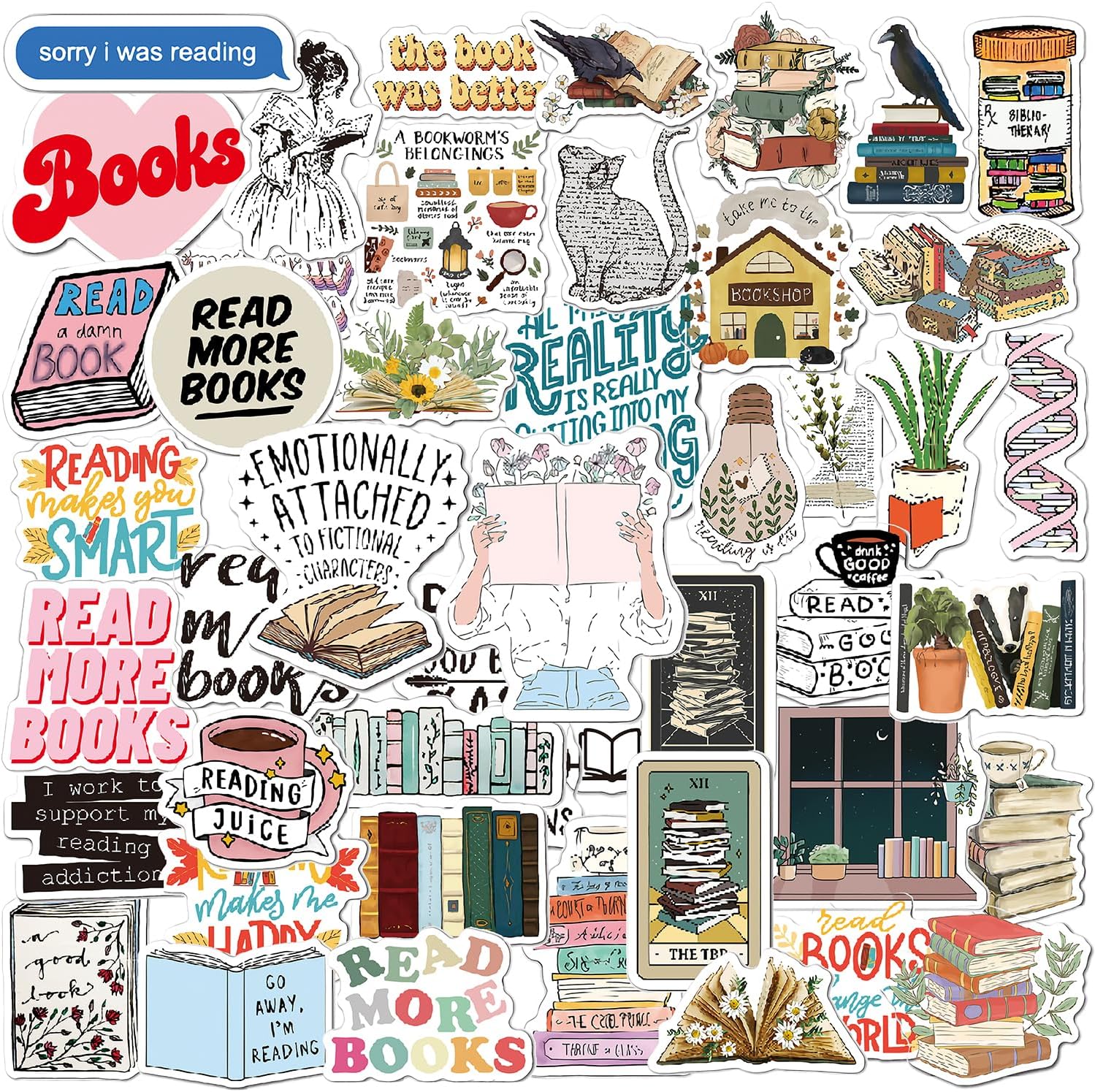 Book Stickers | 50Pcs Aesthetic Bookish Reading Stickers for Kindle | Book Lover Gifts for Adults Women | Cute Vinyl Decals for Laptop Water Bottles iPad Readers Journal Scrapbook Phone Waterproof