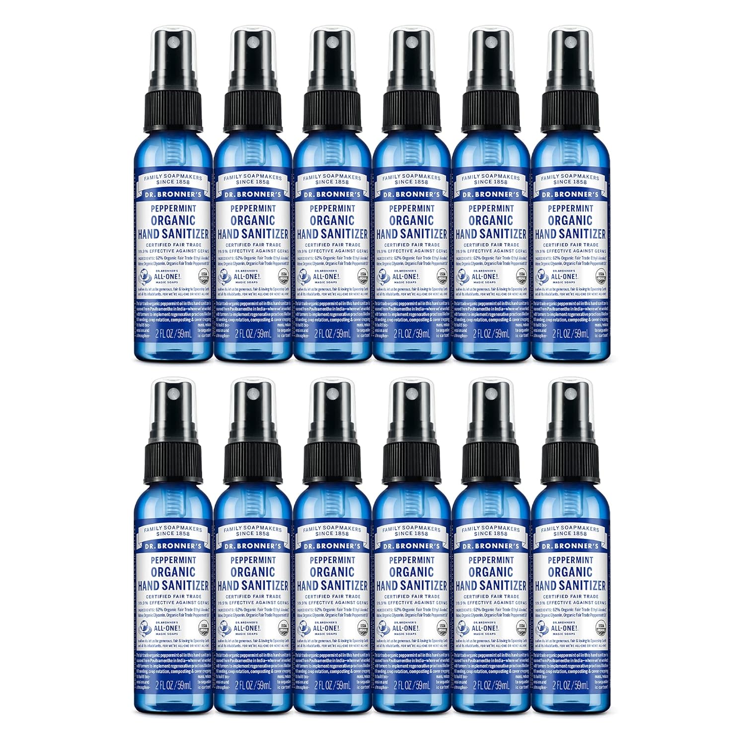 Dr. Bronner's - Organic Hand Sanitizer Spray (Peppermint, 2 Ounce, 12-Pack) - Simple & Effective Formula, Cleanses & Sanitizes, No Harsh Chemicals, Moisturizes & Cleans Hands