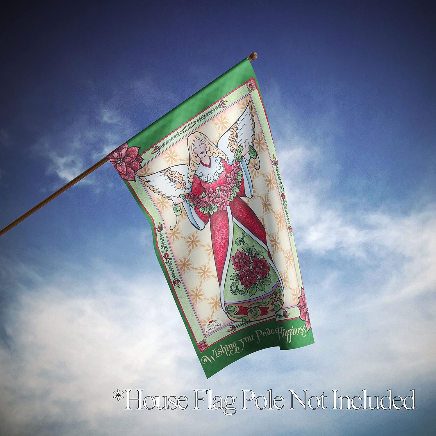 Flagology.com, Jim Shore, Jim Shore Peace and Happiness Poinsettia Angel – House Flag 28" x 40", Outdoor Flag, Exclusive Premium Fabric, Christmas