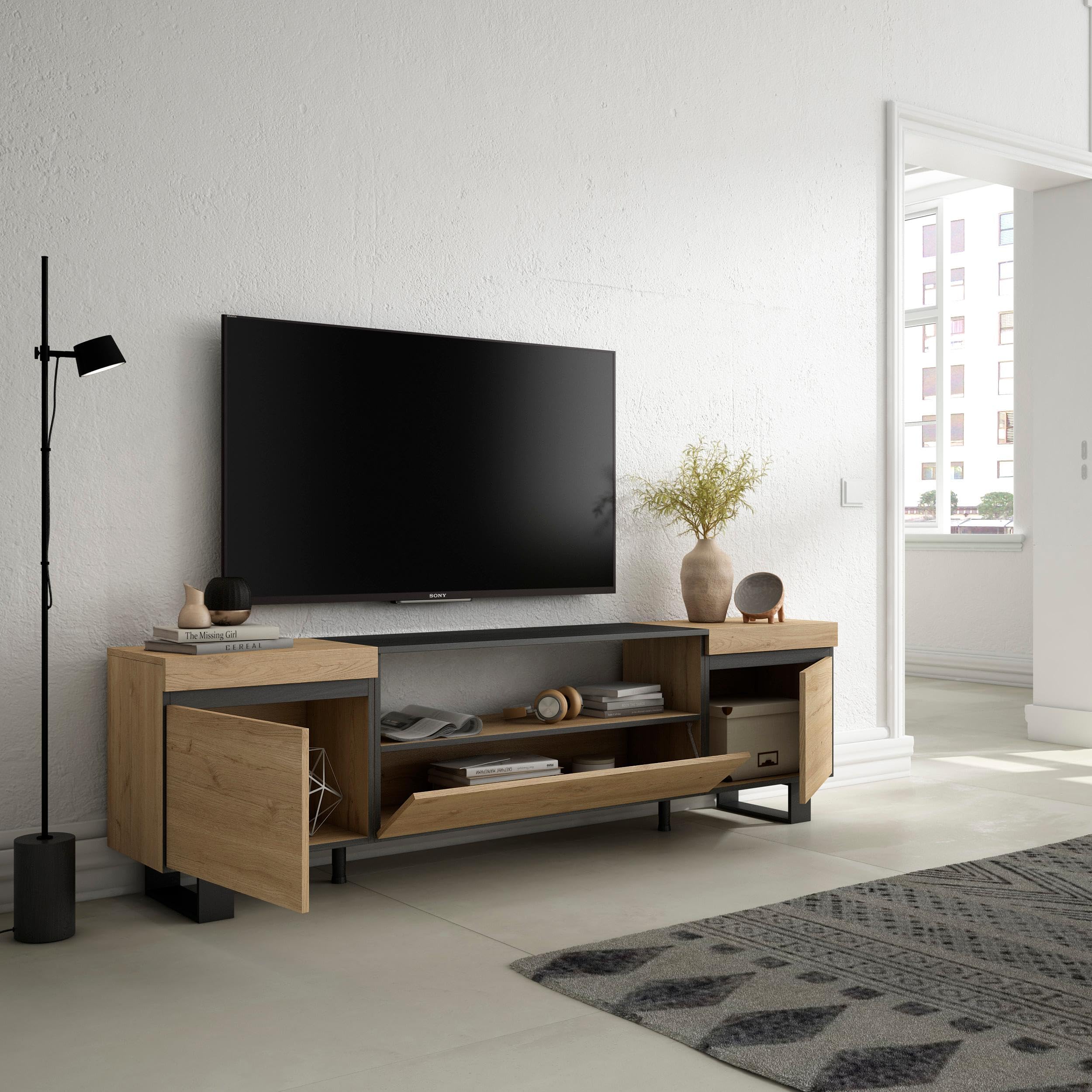 Skraut Home | Mobile TV Soggiorno | Ampio spazio a disposizione | 200x57x35cm | Per TV fino a 80" | Design industriale | Stile moderno | Rovere e nero