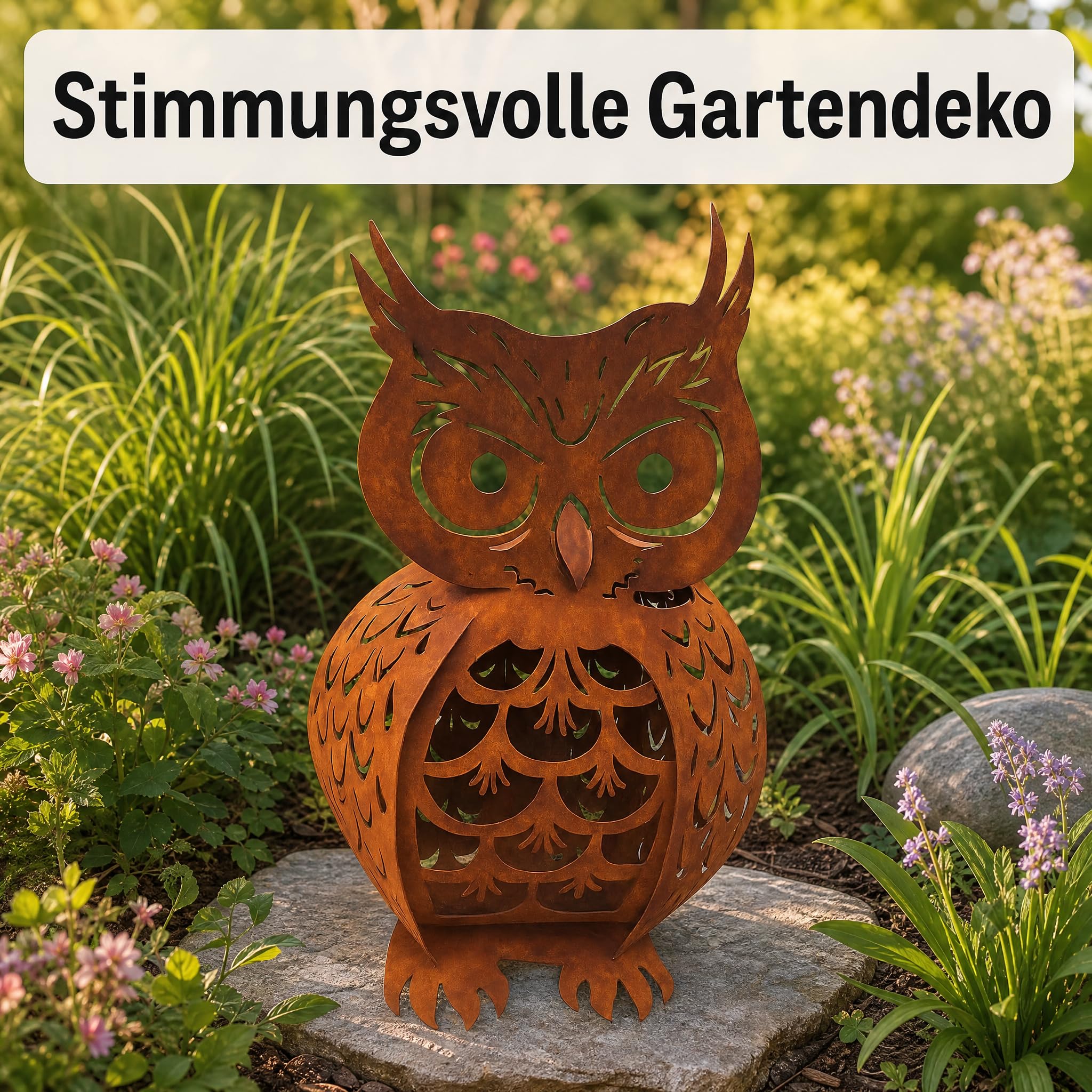 Gartendeko Rost – Eule aus Metall mit Edelrost-Patina, Filigrane Ausstanzungen, hohler Korpus für Lichtakzente, zum Hinstellen für Garten & Terrasse, 62 x 35 cm