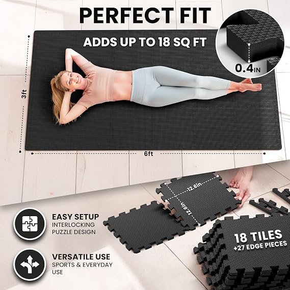 bemaxx Gym Mats Set - 18 pcs EVA Interlocking Foam Floor Tiles (12.6x12.6x0.4) 18sqft Protective Gym Flooring Sports Home Workout Exercise Mats Puzzle Garage Fitness Play-Room Pool Treadmill Bike