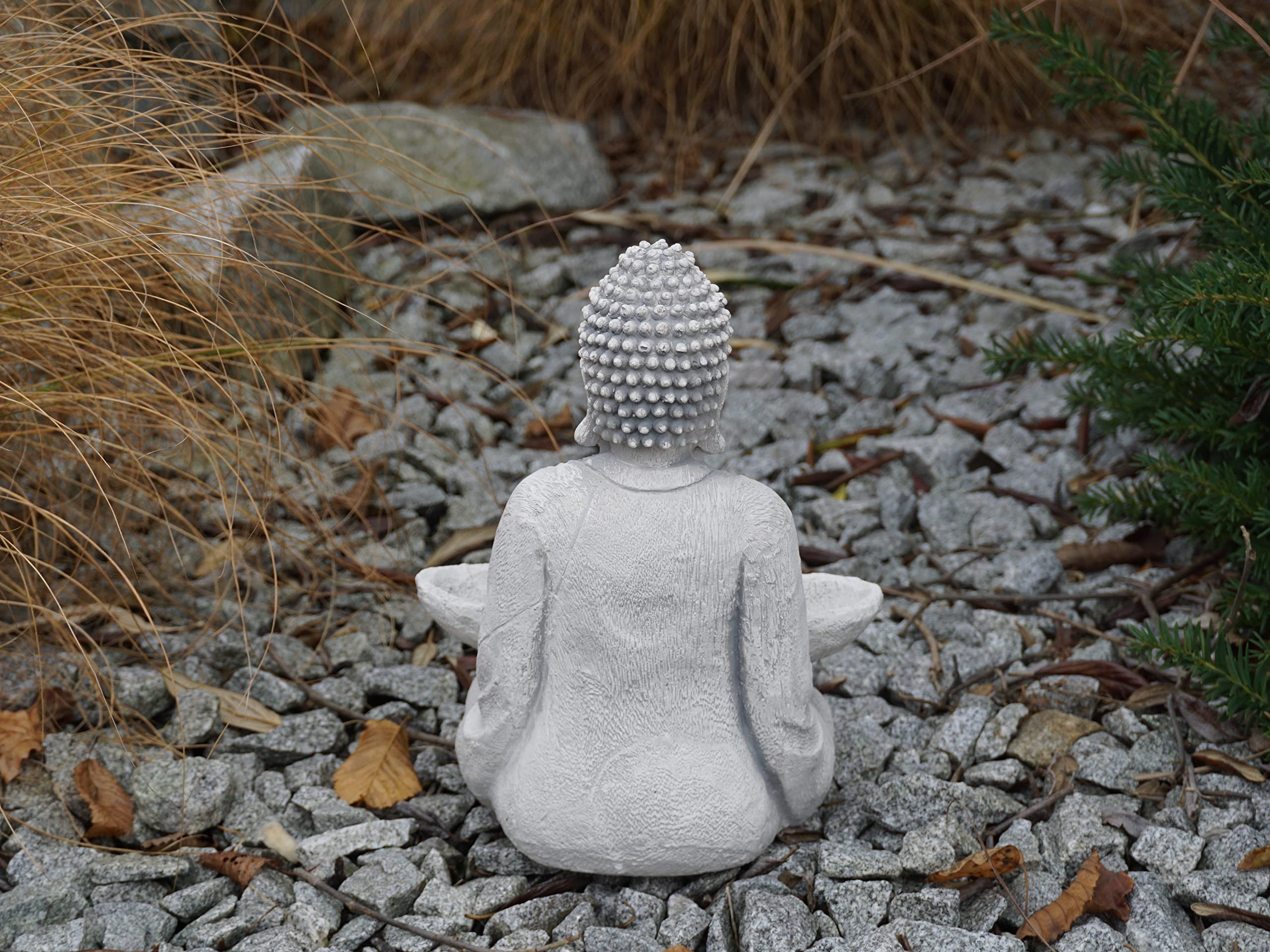 gartendekoparadies.de Bouddha en pierre massive avec bol moine - Décoration de jardin - En pierre - Résistante au gel, Gris,blanc, 27 cm, (Buddha)