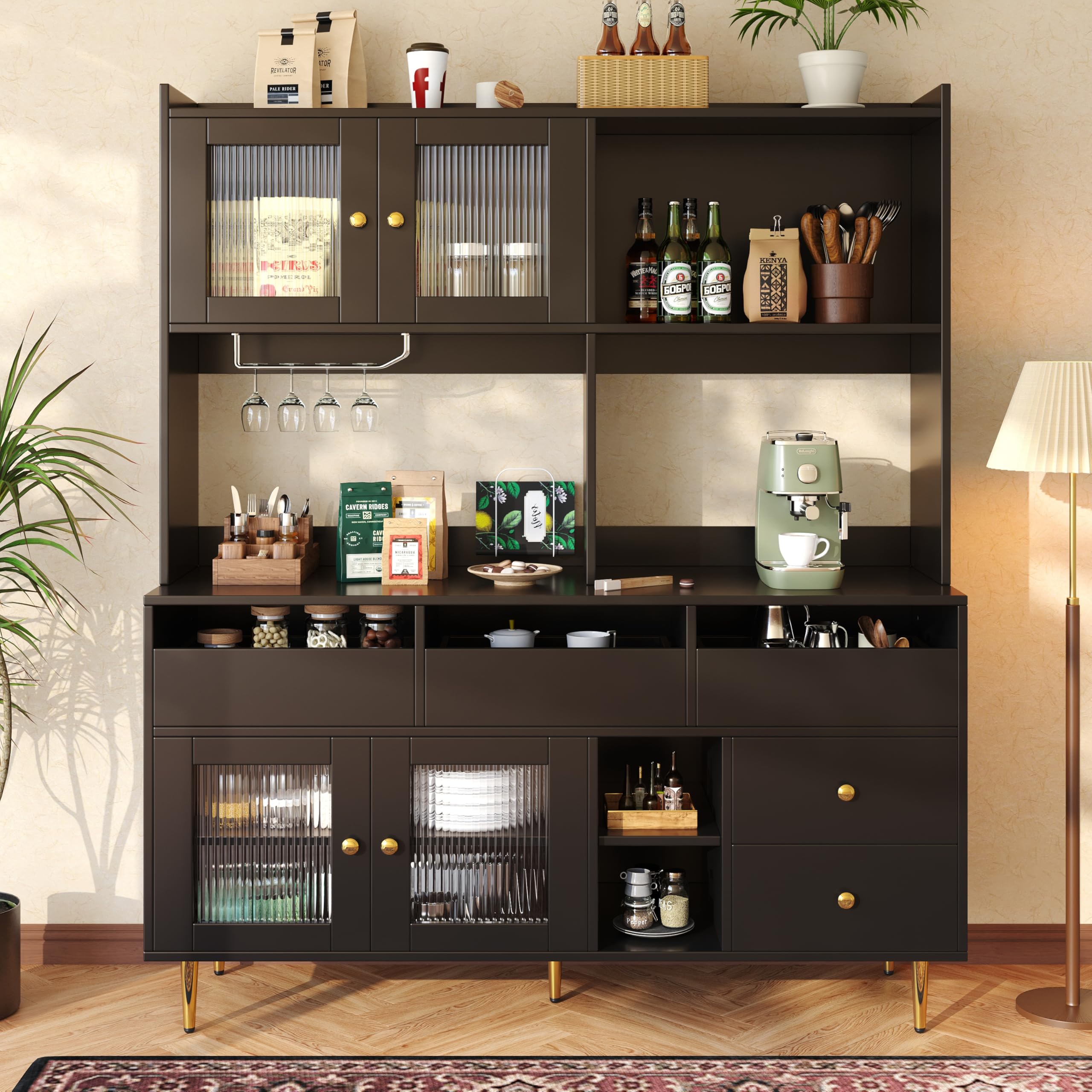 BTM Tall Cabinet with Doors & Shelves Freestanding Kitchen Cupboard with Wine Rack, LED for Dining Room, Restaurant Black