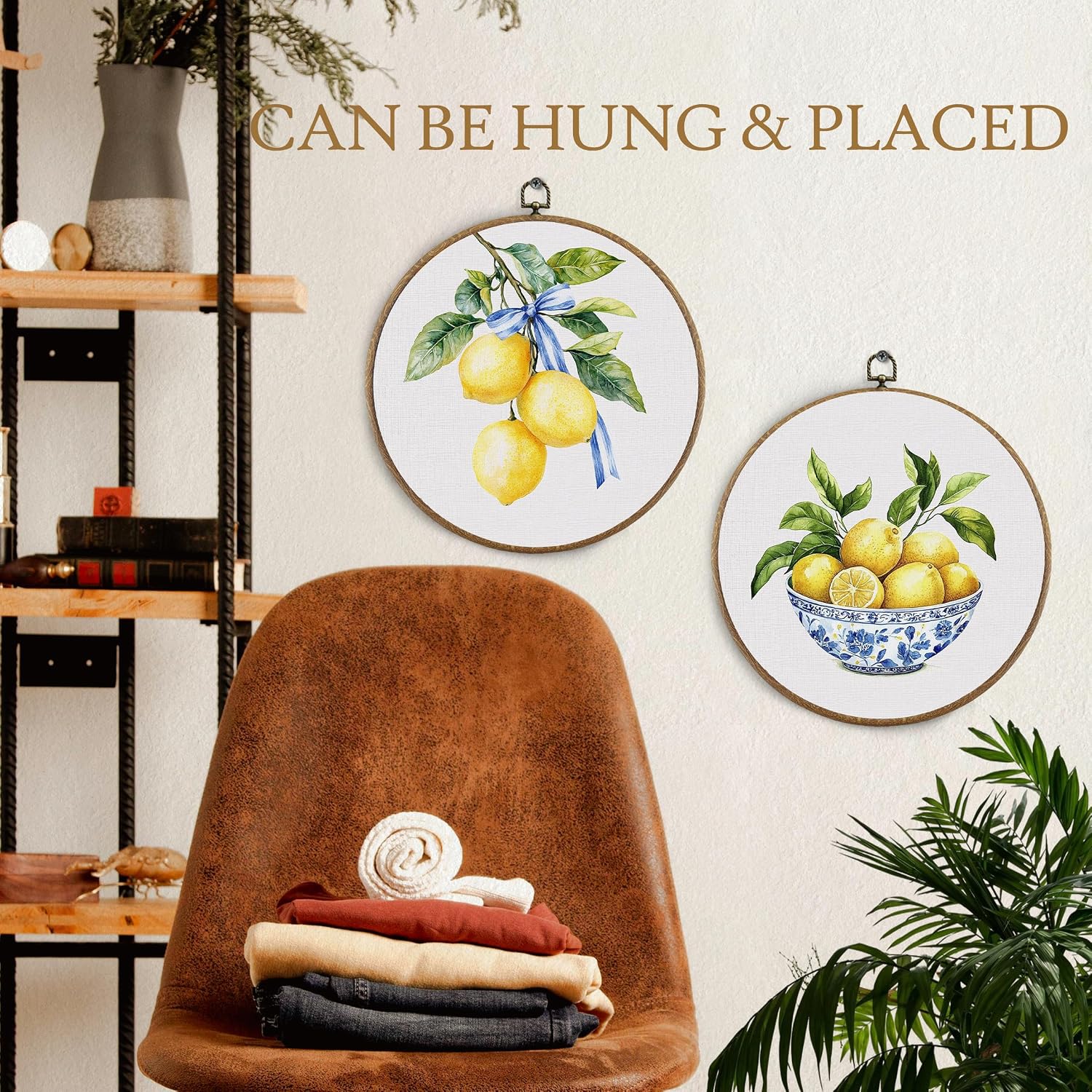 BitKAM Blue and White Chinoiserie Lemon Decor Round Wall Art, Blue and White Chinoiserie Bowl Lemon Canvas Prints Framed, Grand Millenial Wall Hanging Decorations for Kitchen Dining Room Home, 10x10 Inch Set of 2