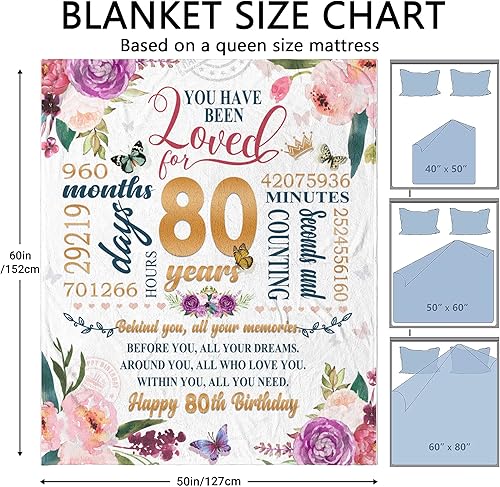 Miniatura 6 de Hcoviv Regalos de 80 cumpleaños para mujer, manta de 50 x 60 pulgadas, ideas de regalo de feliz cumpleaños 80, decoraciones de cumpleaños 80,