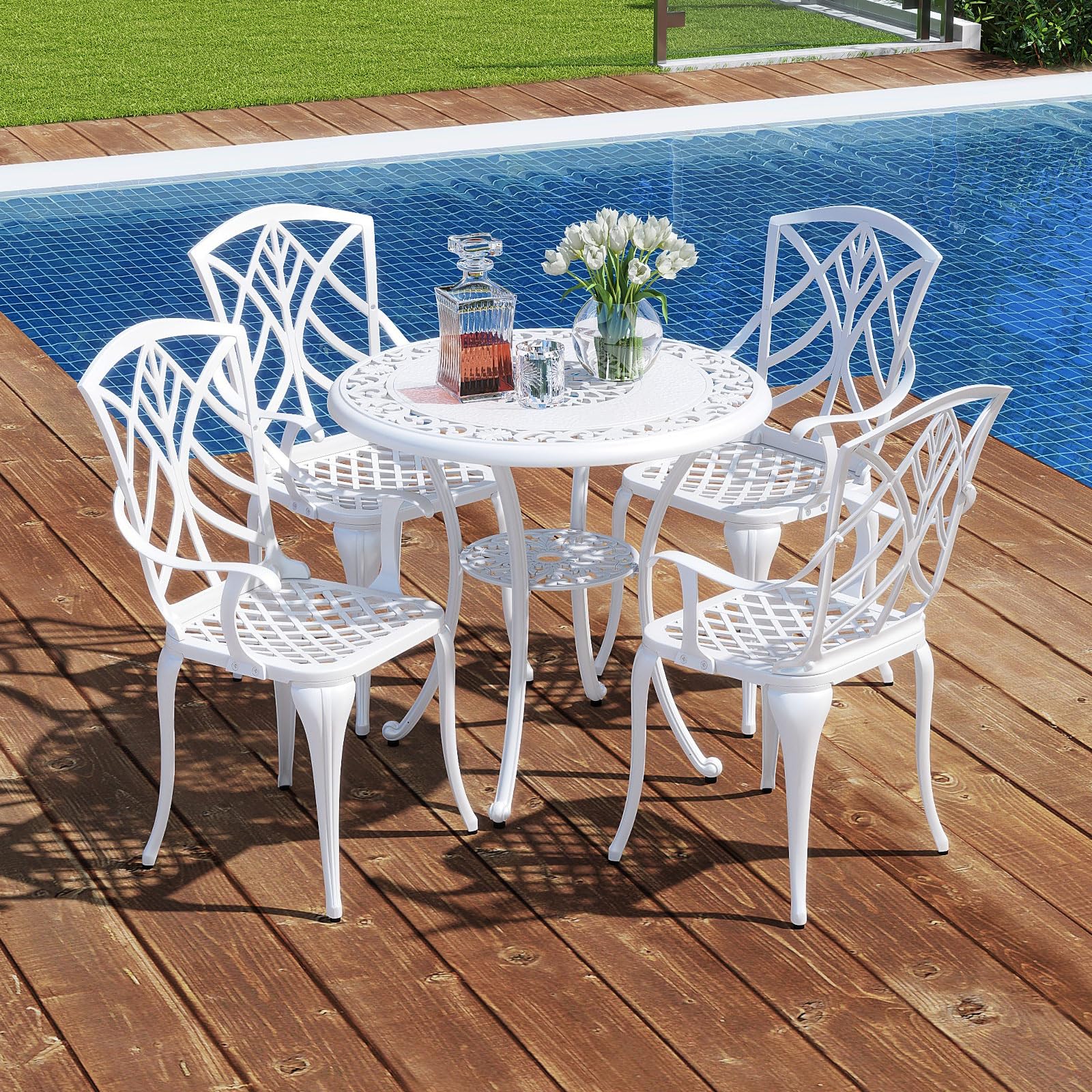 KOMFOTTEU Juego de Muebles de Jardín para 4 Personas, Conjunto de 4 Sillas y 1 Mesa con Agujero para Sombrilla, Juego de Bistró de Aluminio Fundido para Terraza, Balcón