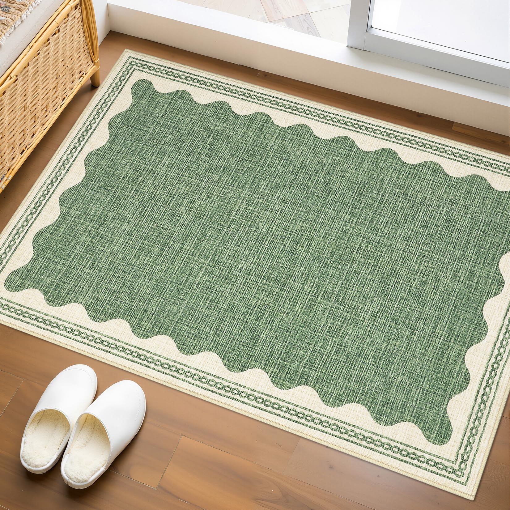 GarveeHome Scalloped Door Mat Indoor Rugs for Entryway Small Rug 2x3 Washable Non-Slip Solid Sage Green Modern Soft Low-Pile Throw Carpet for Bedroom