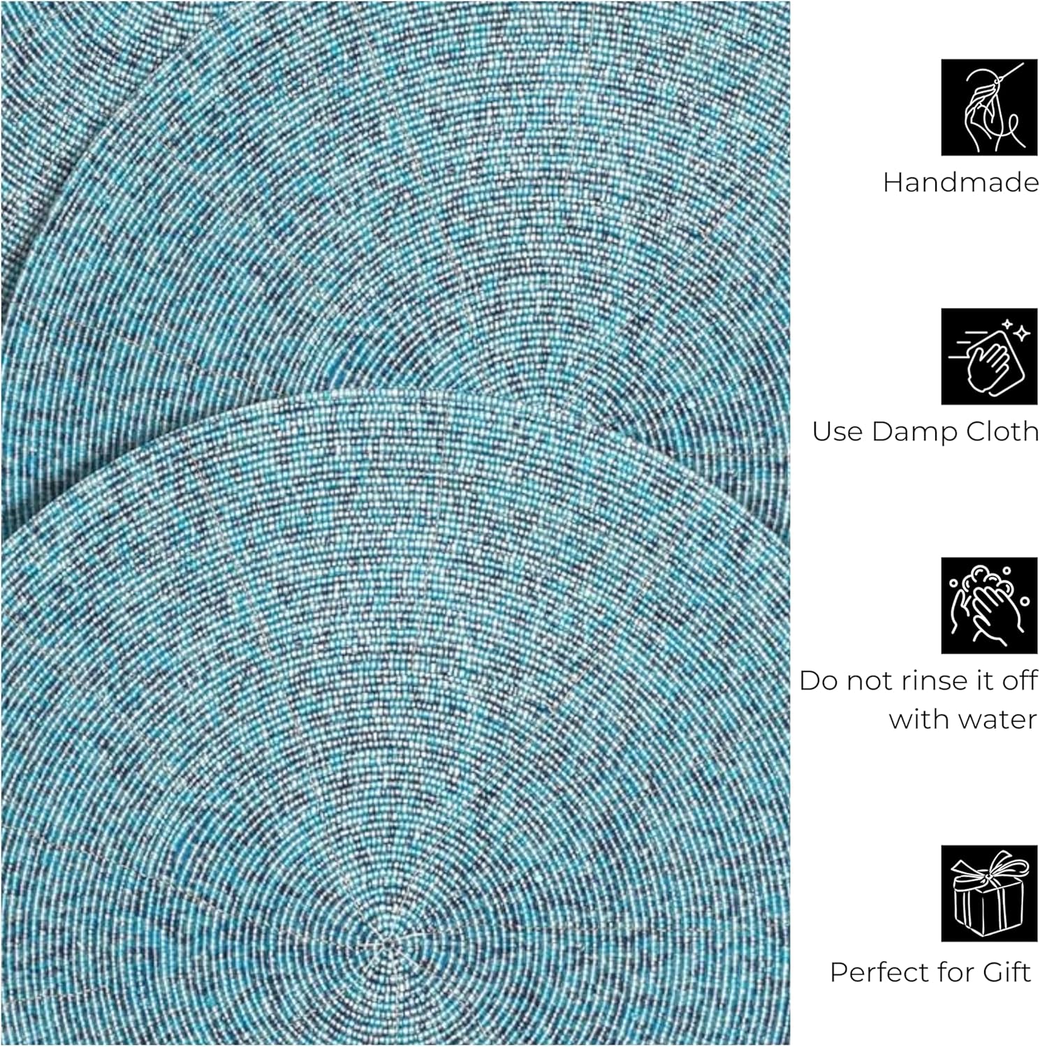 Beaded Placemat, Farmhouse Round Hand Beaded Charger Placemat - Handmade by Skilled Artisans, Tonal Blue, Set of 4