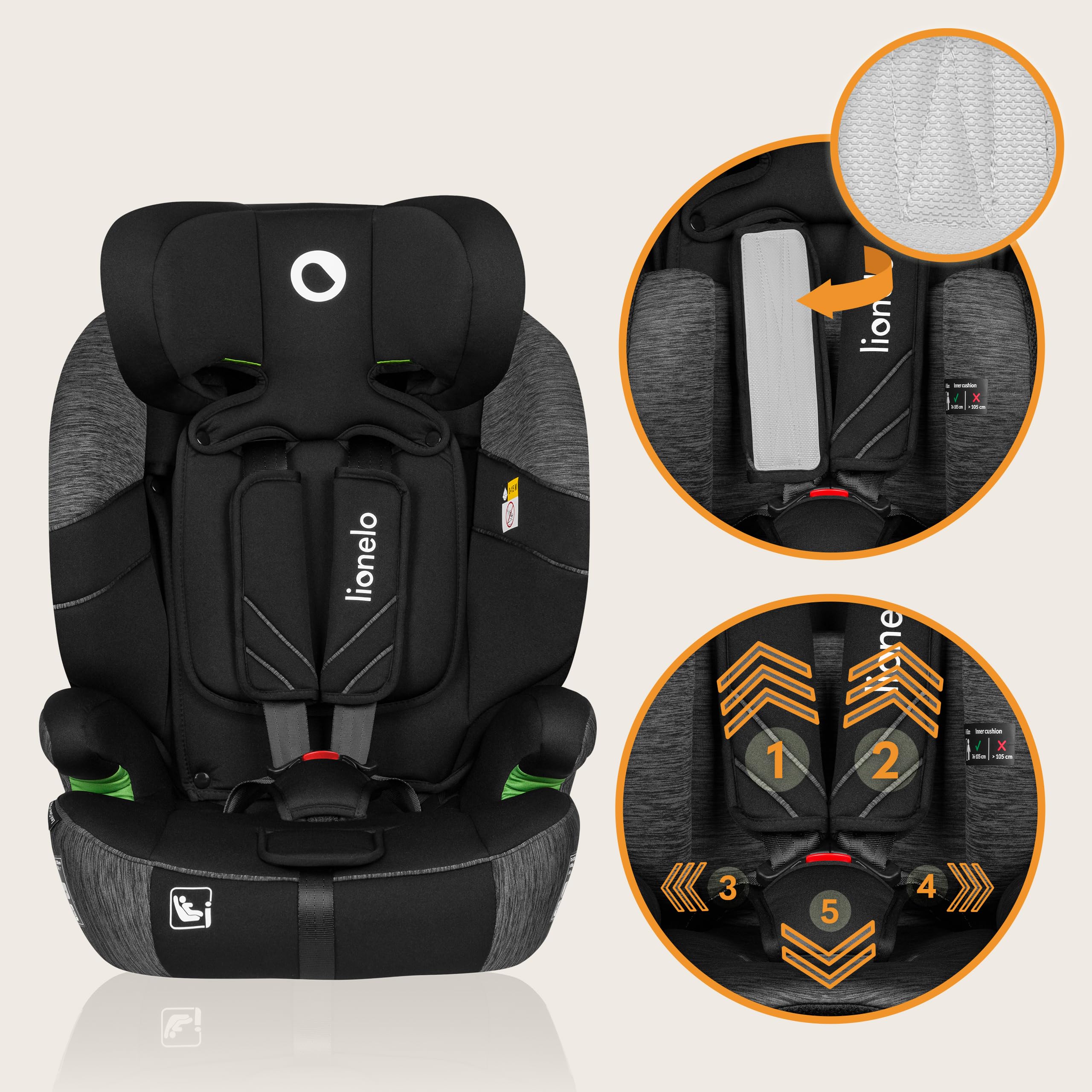 LIONELO LEVI ONE I-SIZE Silla infantil de coche 76-150 cm, Grupo 1 2 3, Protección Lateral, Reposacabezas ajustable de 10 etapas, Reposabrazos Cómodos, Respaldo Extraíble, R129 i-Size