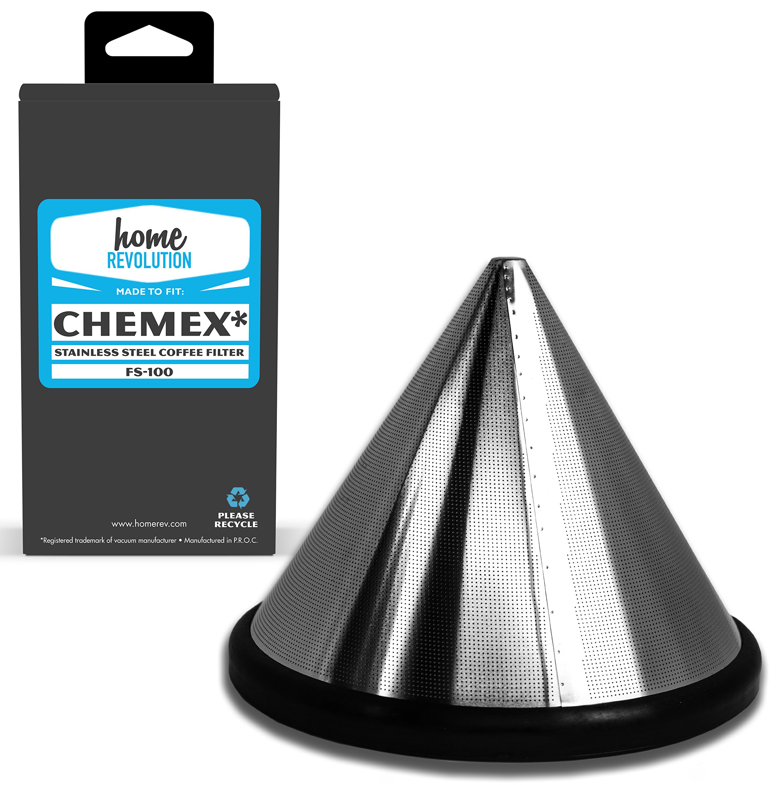 Chemex Washable & Reusable Stainless Steel Cone Coffee Filter Home Revolution Brand Made To Fit Chemex 6, 8 & 10 Cup Coffee Makers, Hario V60 02 & 03 Coffee Drippers, Bodum 8 Cup Pour Over Drip Coffee Brewers.