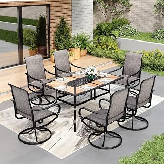 Maison Arts 7 PCS Outdoor Patio Dining Set with High Back Textilene Swivel Chair and a Wood Grain Table with Umbrella Hole Brown