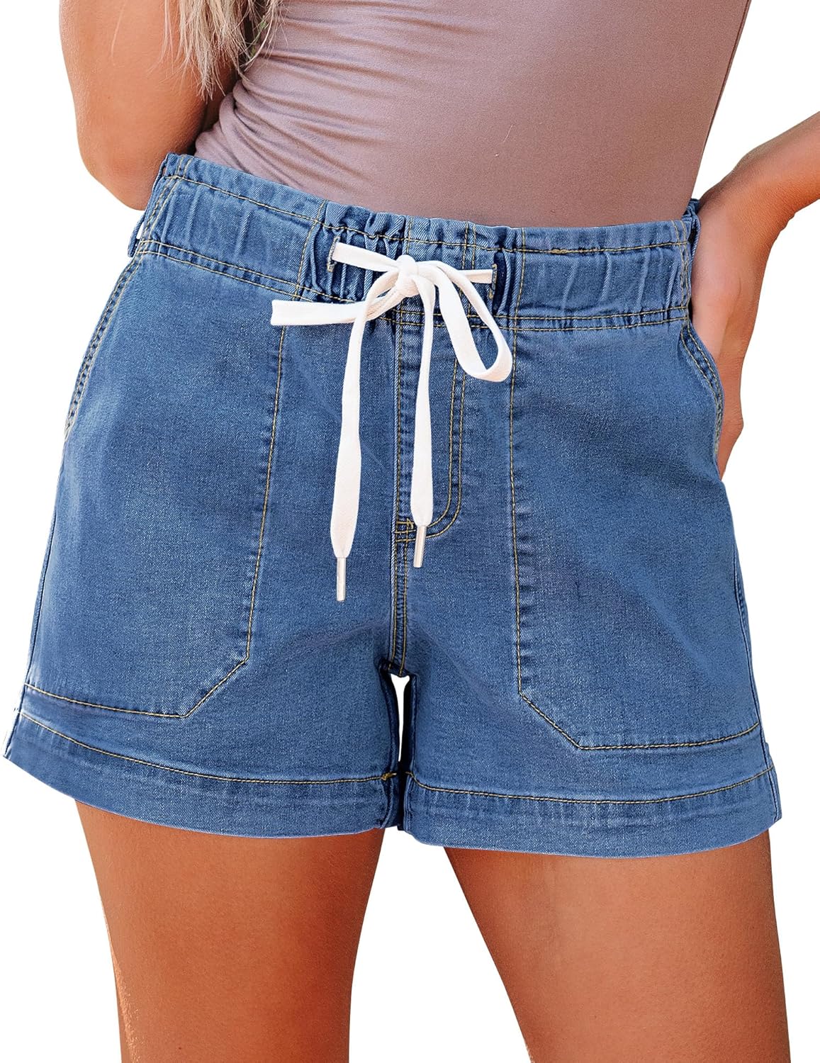 luvamia Jean Shorts for Women High Waisted Pull On Drawstring Elastic Waist Trendy Stretchy Denim Jorts Summer Shorts