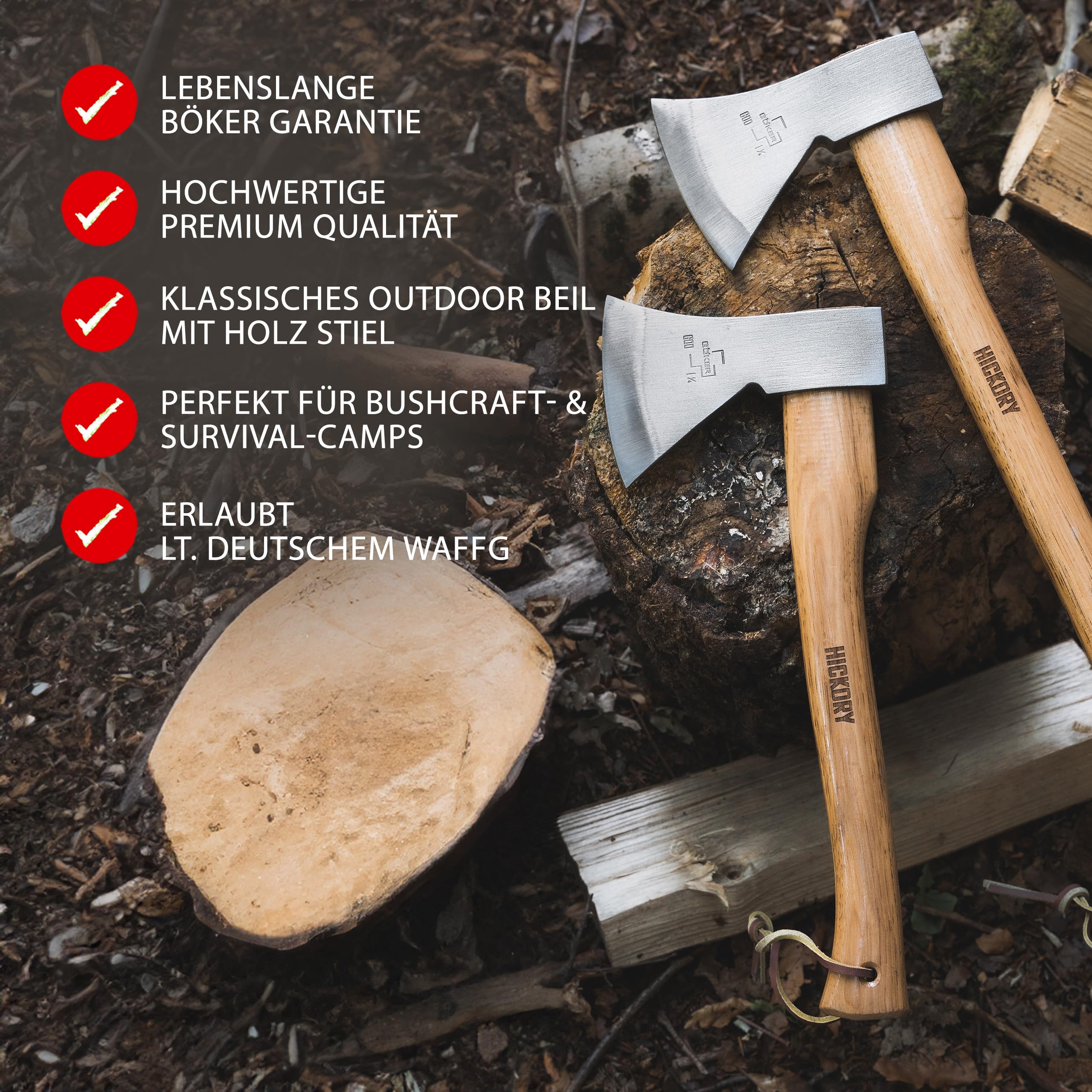 BÖKER PLUS® Appalachian Axe Small - kleine Carbon Axt mit kurzem Hickory-Holz-Stiel - Bushcraft-, Outdoor- & Survival-Axt - Profi Beil mit rheinischem Kopf 600 g aus Kohlenstoff-Stahl 1055
