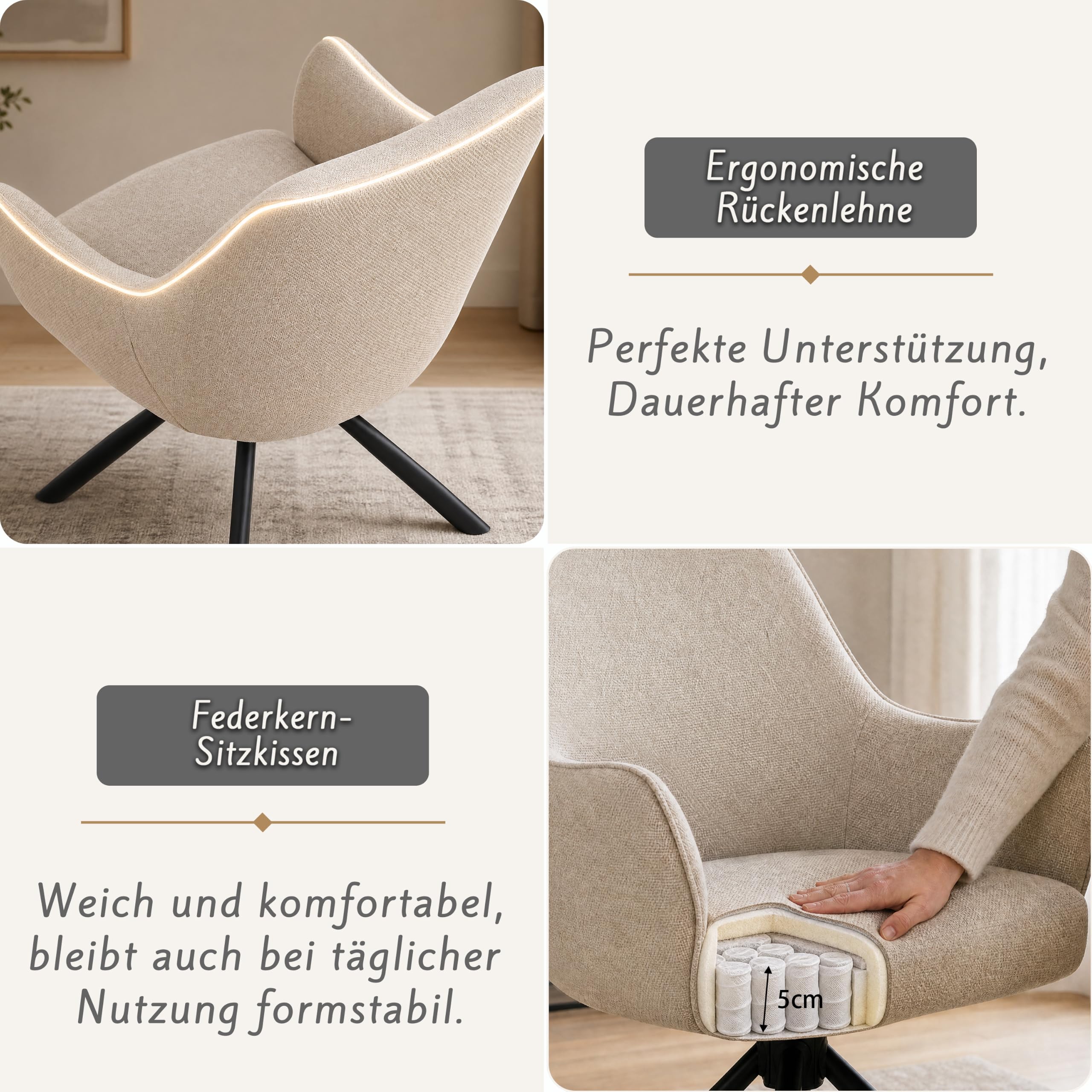 Esszimmerstühle Drehbar 2er Set mit Armlehne, gepolsterte Esszimmerstuhl mit hoher Rückenlehne für Esszimmer & Wohnzimmer, Büro, Beige