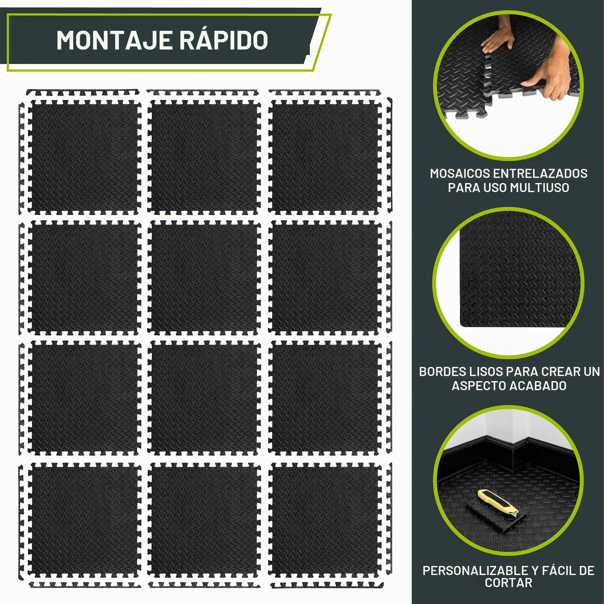 ProsourceFit Exercise Puzzle Mat 1/2-inch, EVA Interlocking Foam Floor Tiles for Home Gym, Workout Equipment, Kids Play Areas, Black, 48 SQ FT - 12 Tiles