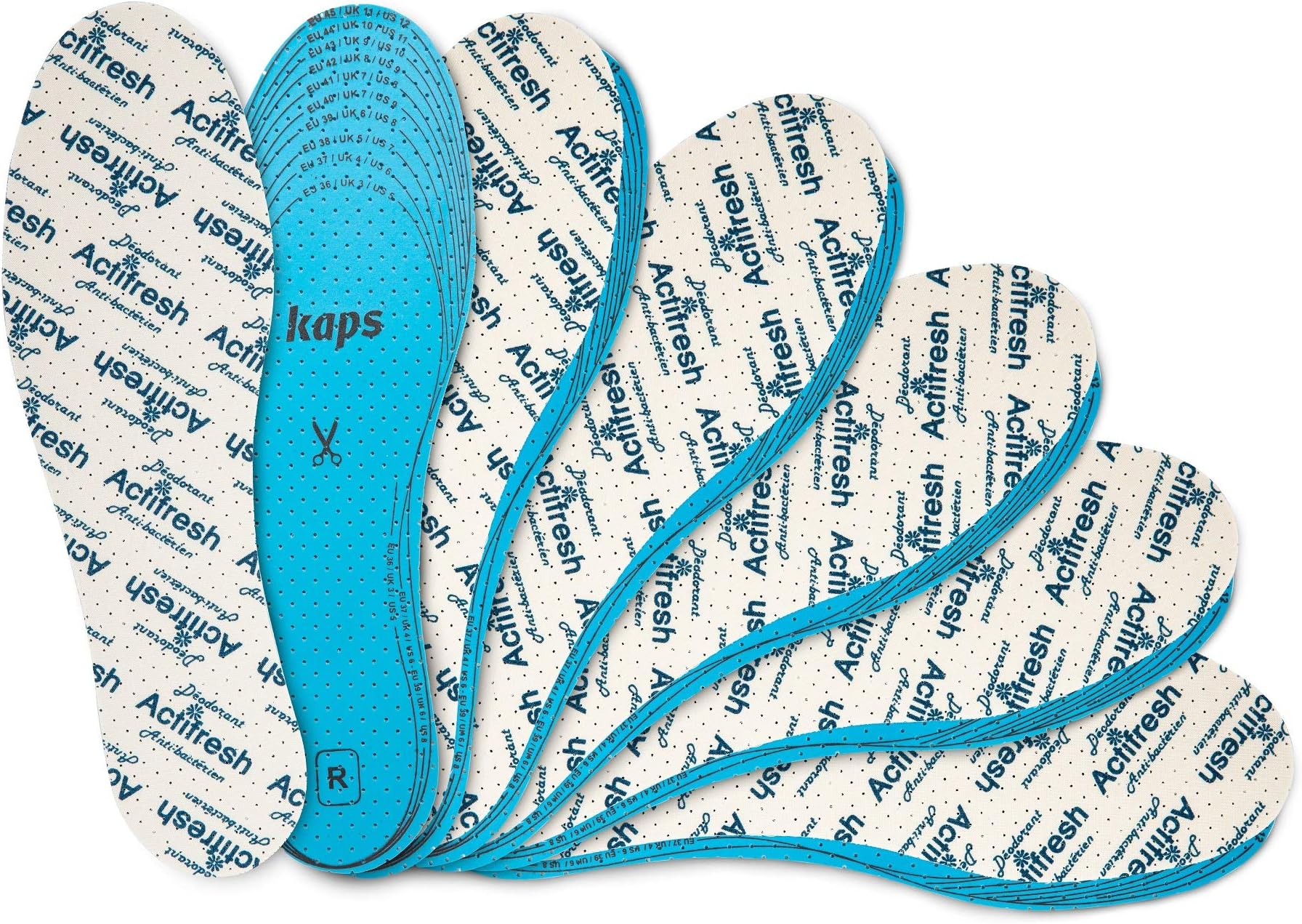 6 Pair Pack Set Actifresh Hygienic Shoe Insoles with Swiss Antibacterial Technology by Sanitized, Made in Europe, Cut to fit, Kaps