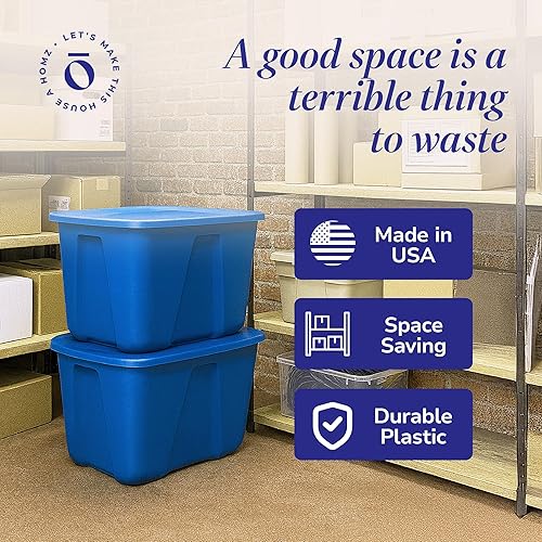 Miniatura 5 de HOMZ Contenedor de plástico apilable estándar grande de 32 galones con tapa a presión segura para organización del hogar, color azul, (paquete de 2)