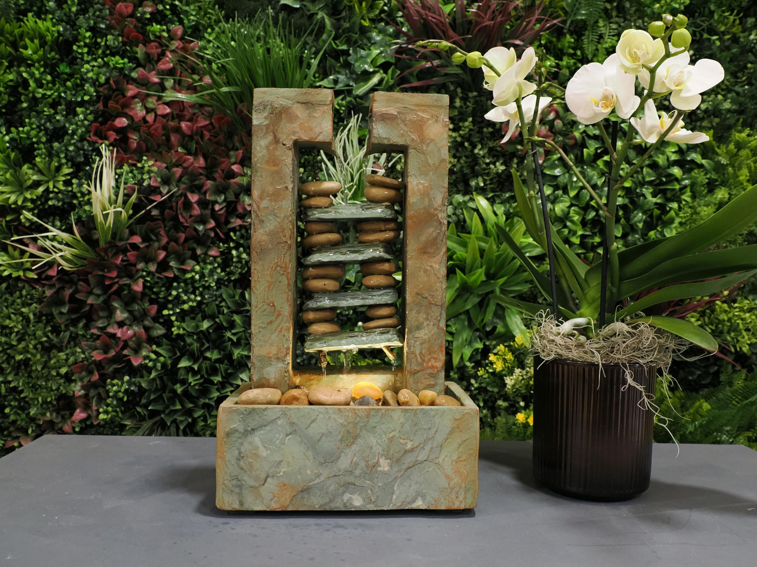 Fuente zen de piedra gota – Fuente decorativa de interior con cascada de agua relajante ideal para casa, oficina y meditación