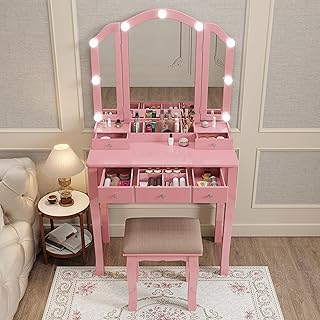Pink Makeup Vanity for Girls Vanity Desk with Mirror and Lights Girls Va...