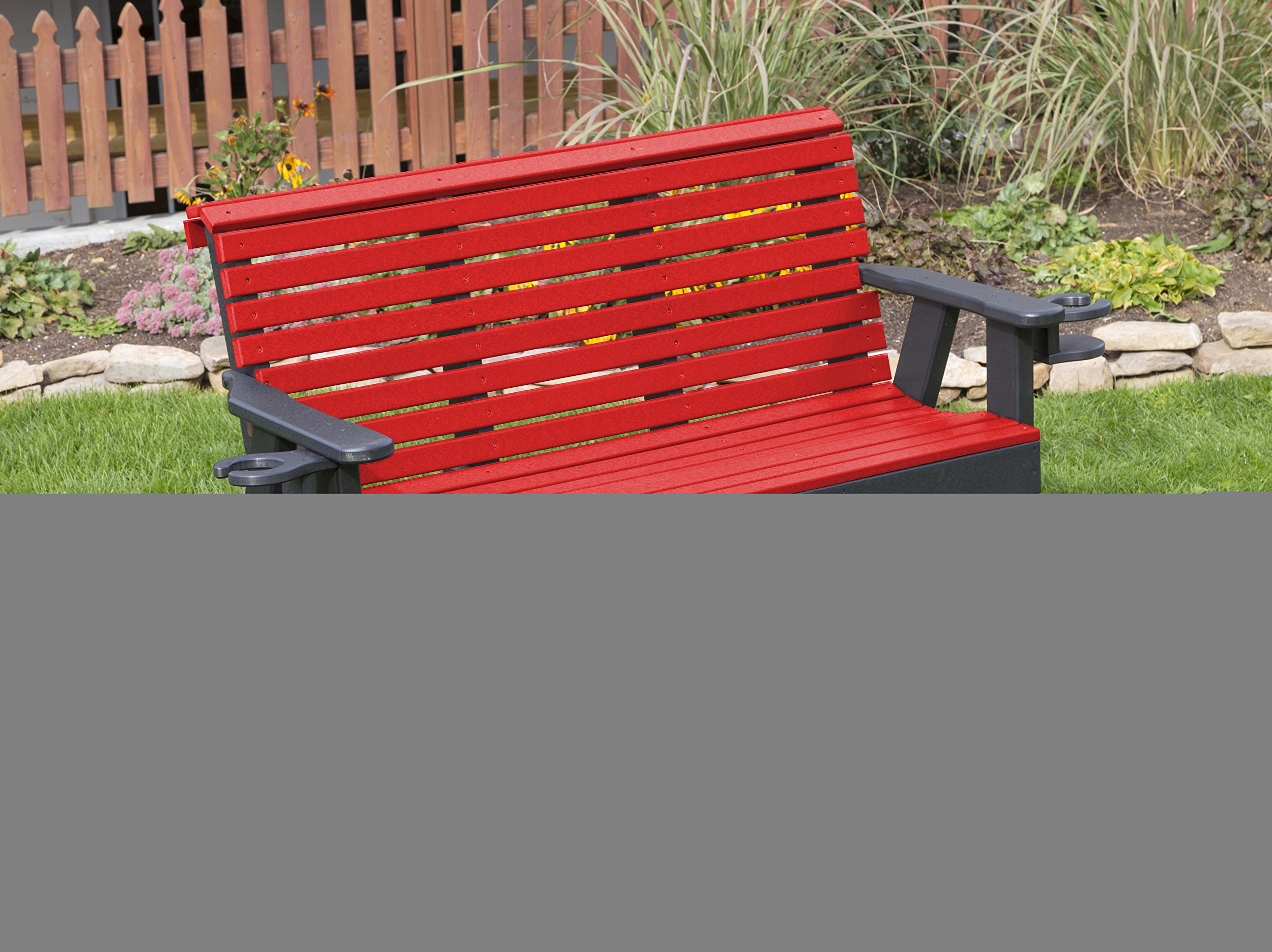 5FT-Bright RED-Poly Lumber ROLL Back Porch Glider with Cupholder arms Heavy Duty Everlasting PolyTuf HDPE - Made in USA - Amish Crafted