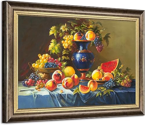 Arte de pared con marco de frutas vintage, pintura retro grande de alimentos, color durazno y uva, cuadro de lienzo antiguo, color burdeos,