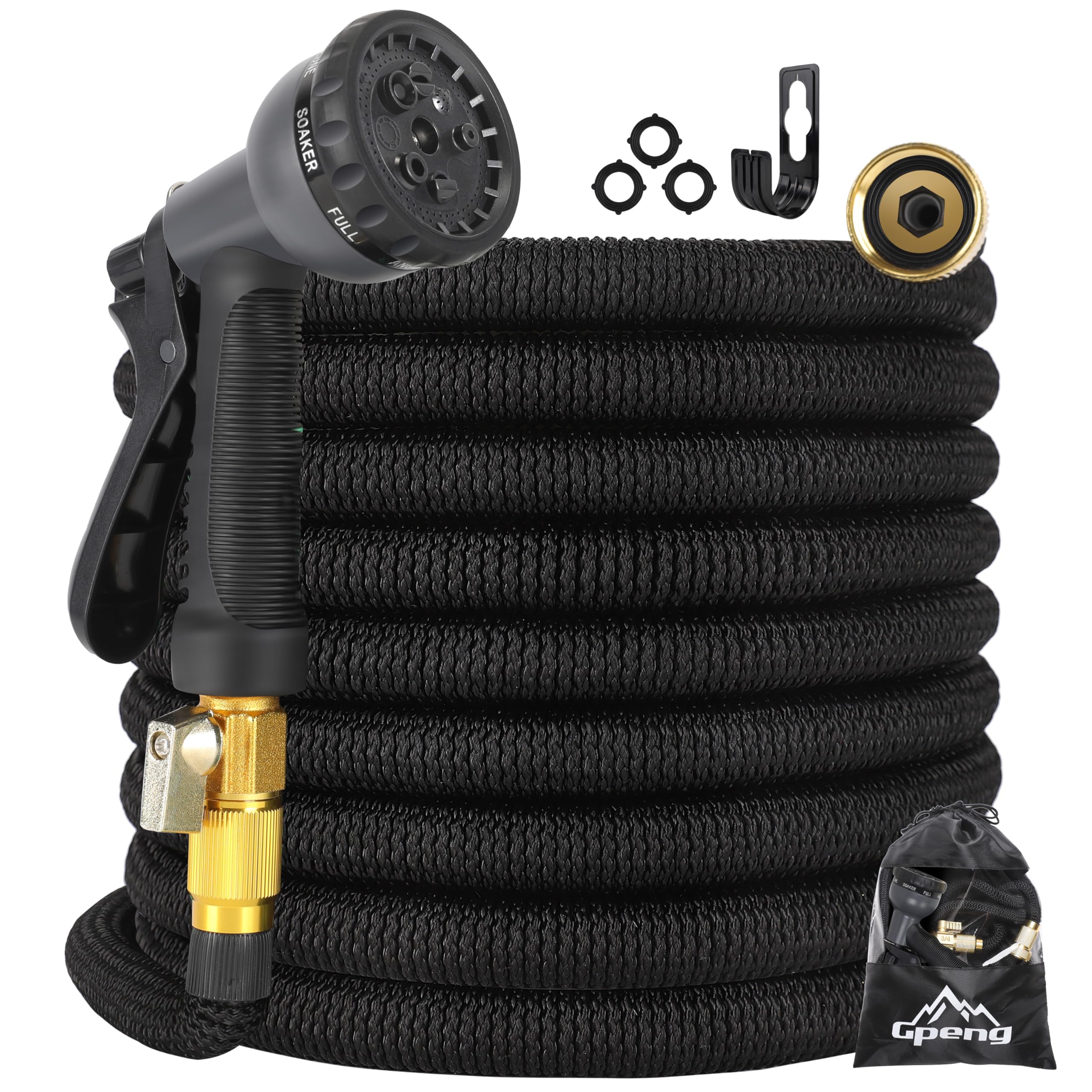 Gpeng Garden Hose, Expandable Water Hose 50 ft with 8 Function Nozzle,Triple Core Latex and 3/4" Solid Brass Fittings, Kink Free Retractable Collapsible Gardening Flexible Hose Pipe (Black)