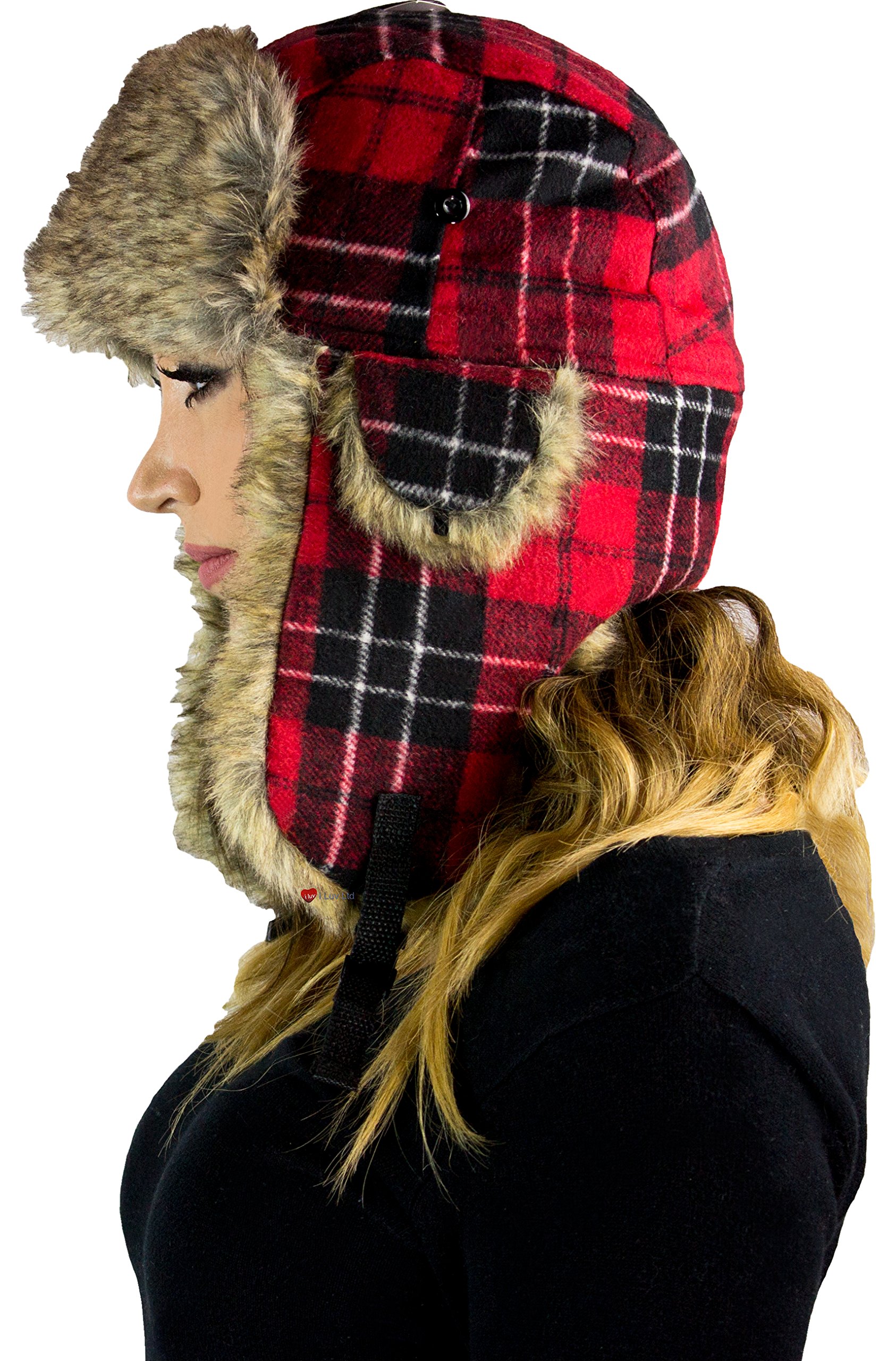 I Luv Ltd Unisex Multi Soft Luxury Trapper Hat With Secure Click-Lock In Red Scottish Tartan For Men And Women