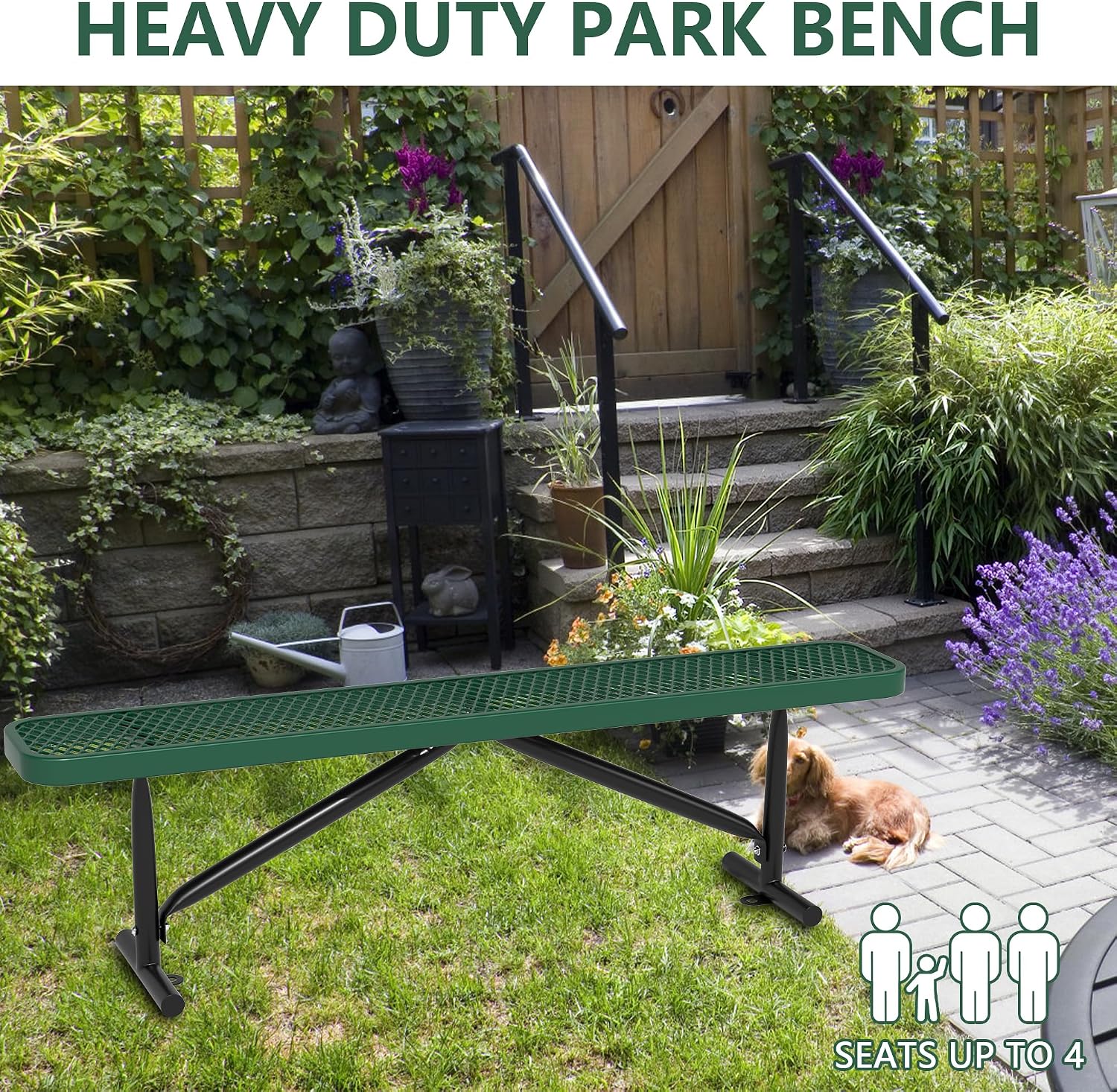 6ft Outdoor Metal Park Bench, 72" L Green Backless Bench Weatherproof Porch Furniture Patio Seating, Commercial Heavy Duty Bench for Outside, Lawn, Backyard, Park, Deck, Garden, Patio, School
